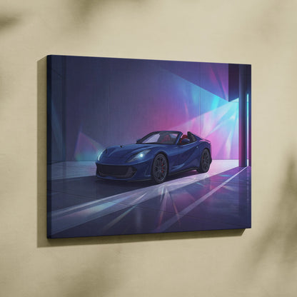 Ferrari 812 Inspired Blue Purple Canvas Wall Art, Vaporwave Supercar Artwork, Neon Garage Decor, Retro Futuristic Exotic Car Print