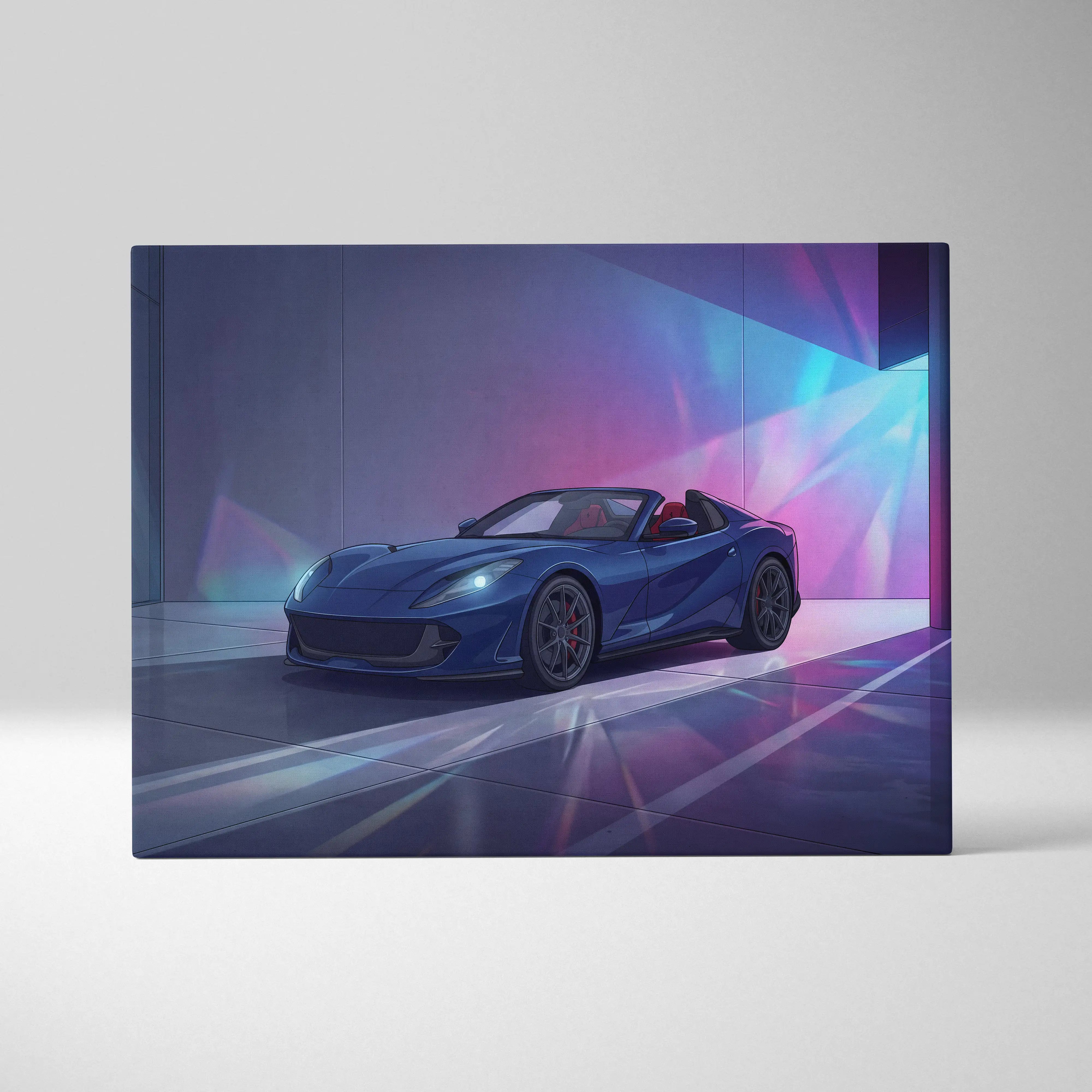Ferrari 812 Inspired Blue Purple Canvas Wall Art, Vaporwave Supercar Artwork, Neon Garage Decor, Retro Futuristic Exotic Car Print