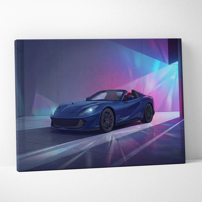 Ferrari 812 Inspired Blue Purple Canvas Wall Art, Vaporwave Supercar Artwork, Neon Garage Decor, Retro Futuristic Exotic Car Print