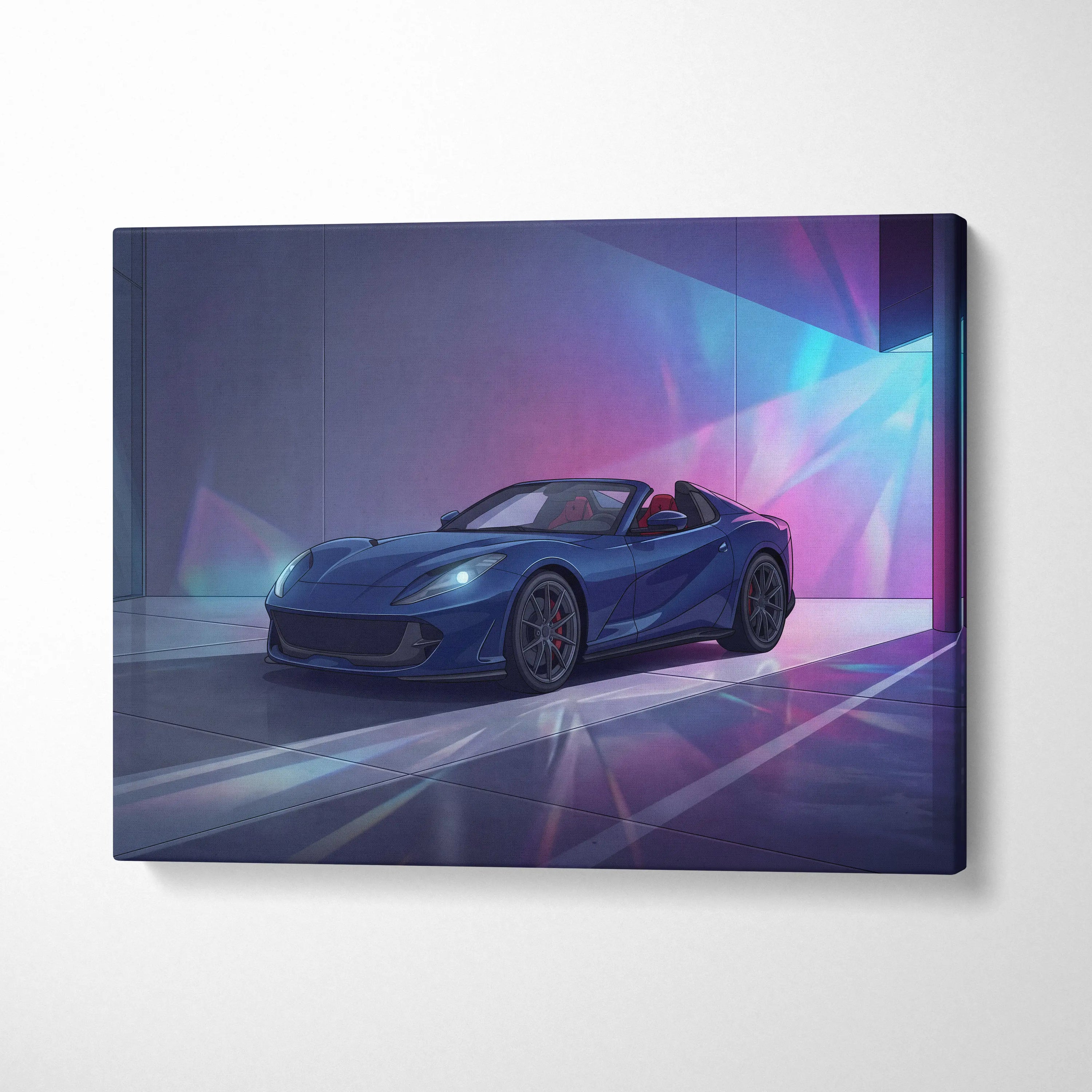 Ferrari 812 Inspired Blue Purple Canvas Wall Art, Vaporwave Supercar Artwork, Neon Garage Decor, Retro Futuristic Exotic Car Print