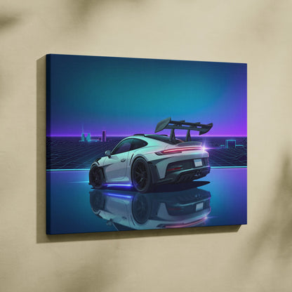 Porsche 911 GT3 RS Inspired White Blue Canvas Wall Art Vaporwave Neon Grid Sports Car Artwork, Cyberpunk Reflection Garage Decor