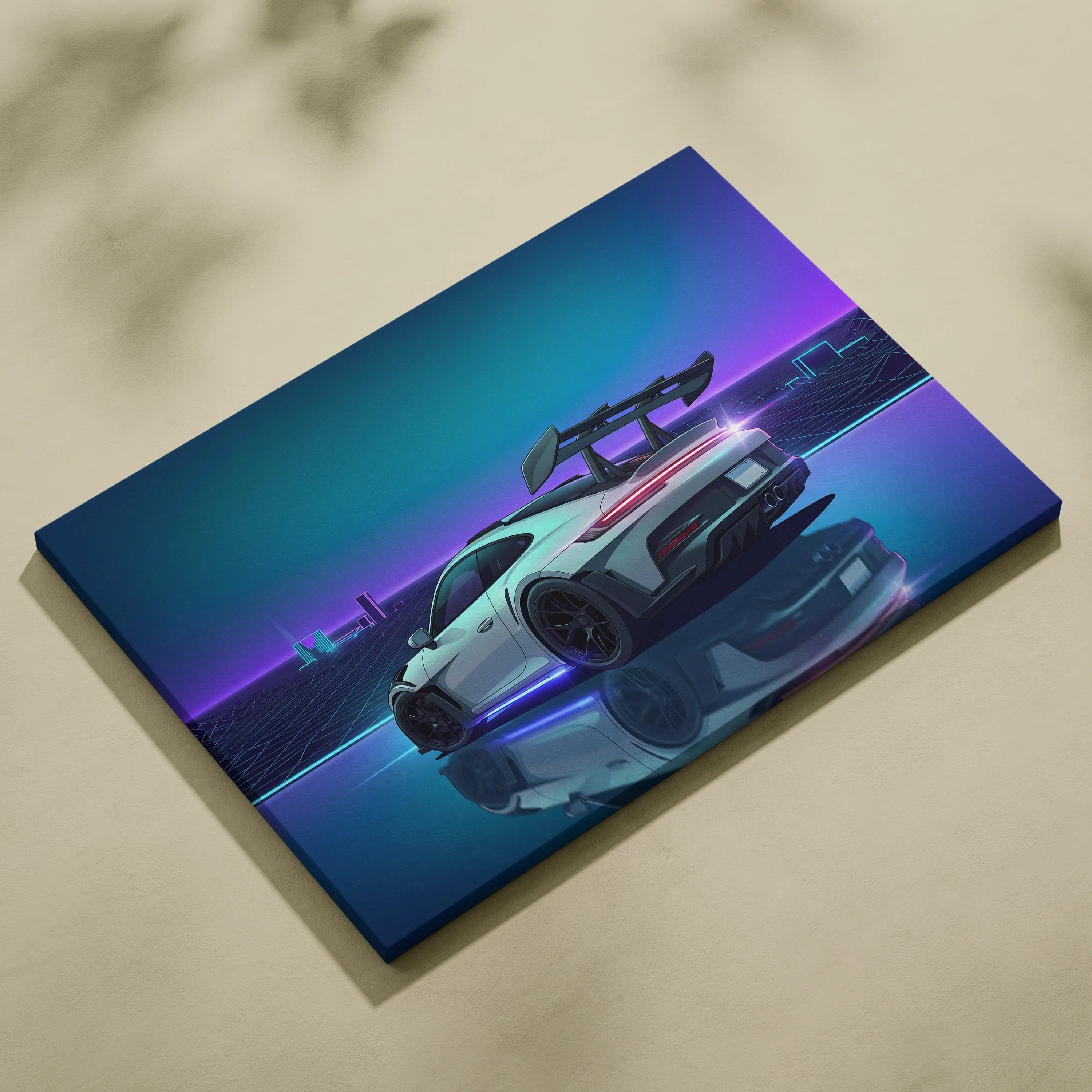 Porsche 911 GT3 RS Inspired White Blue Canvas Wall Art Vaporwave Neon Grid Sports Car Artwork, Cyberpunk Reflection Garage Decor