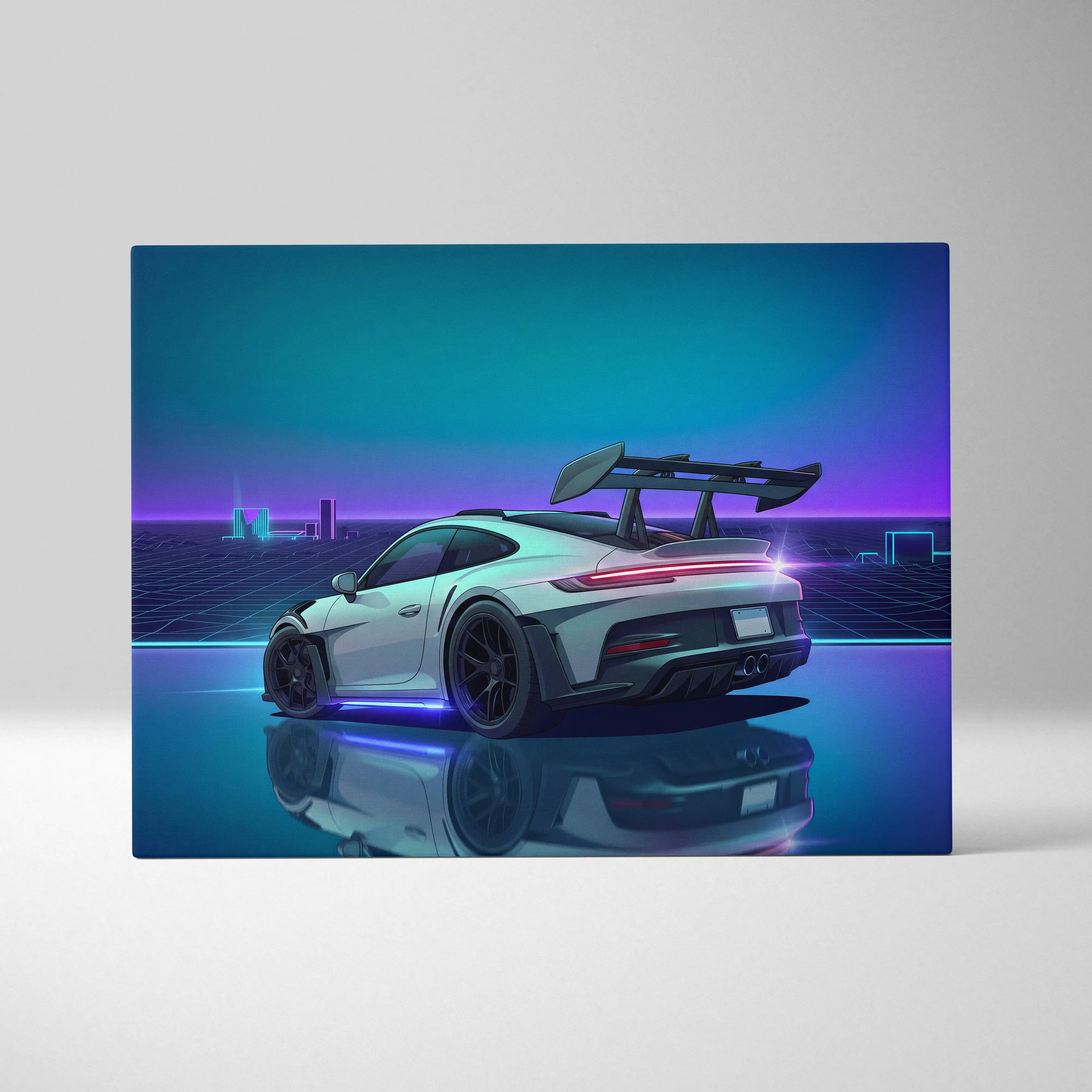 Porsche 911 GT3 RS Inspired White Blue Canvas Wall Art Vaporwave Neon Grid Sports Car Artwork, Cyberpunk Reflection Garage Decor