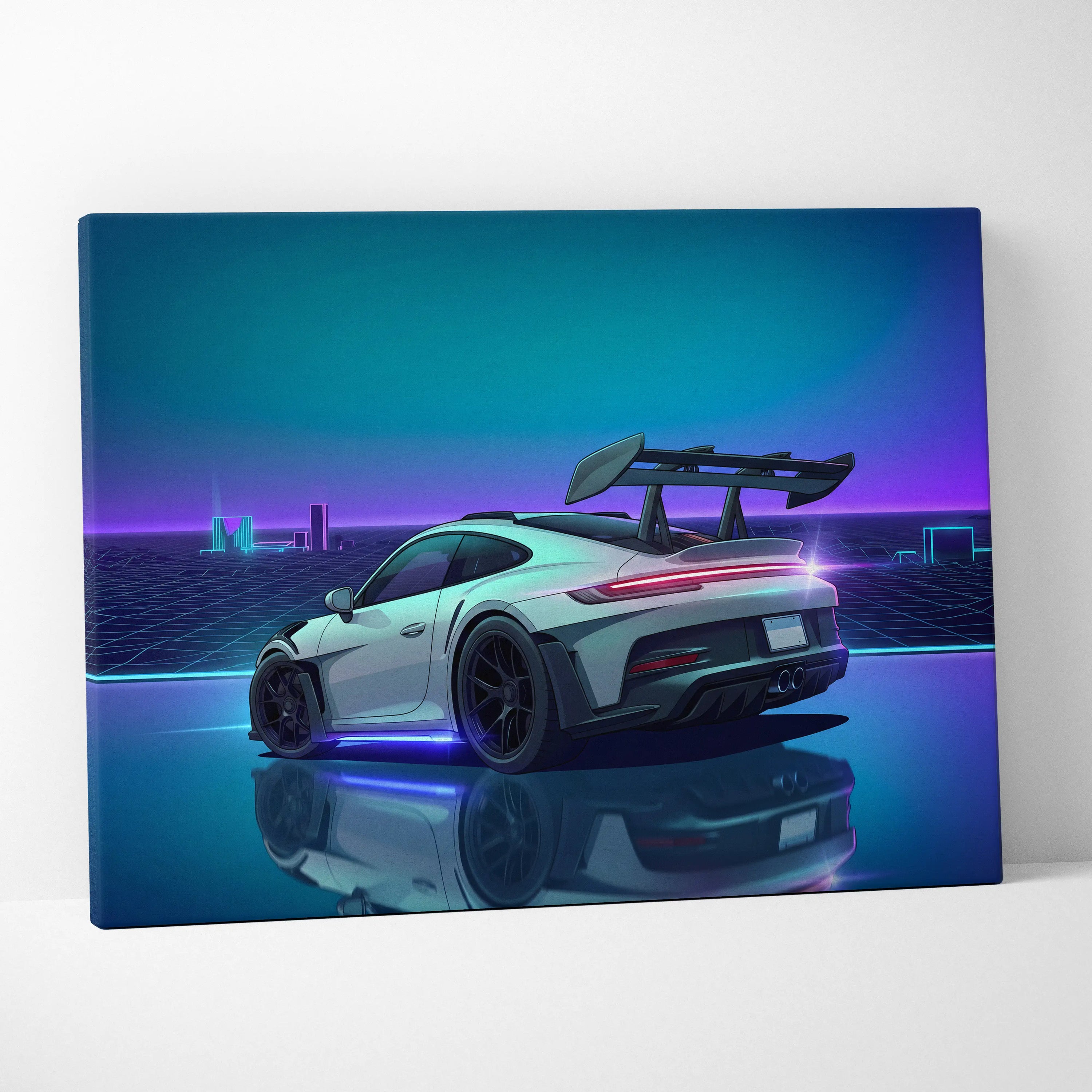 Porsche 911 GT3 RS Inspired White Blue Canvas Wall Art Vaporwave Neon Grid Sports Car Artwork, Cyberpunk Reflection Garage Decor