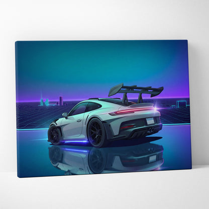 Porsche 911 GT3 RS Inspired White Blue Canvas Wall Art Vaporwave Neon Grid Sports Car Artwork, Cyberpunk Reflection Garage Decor