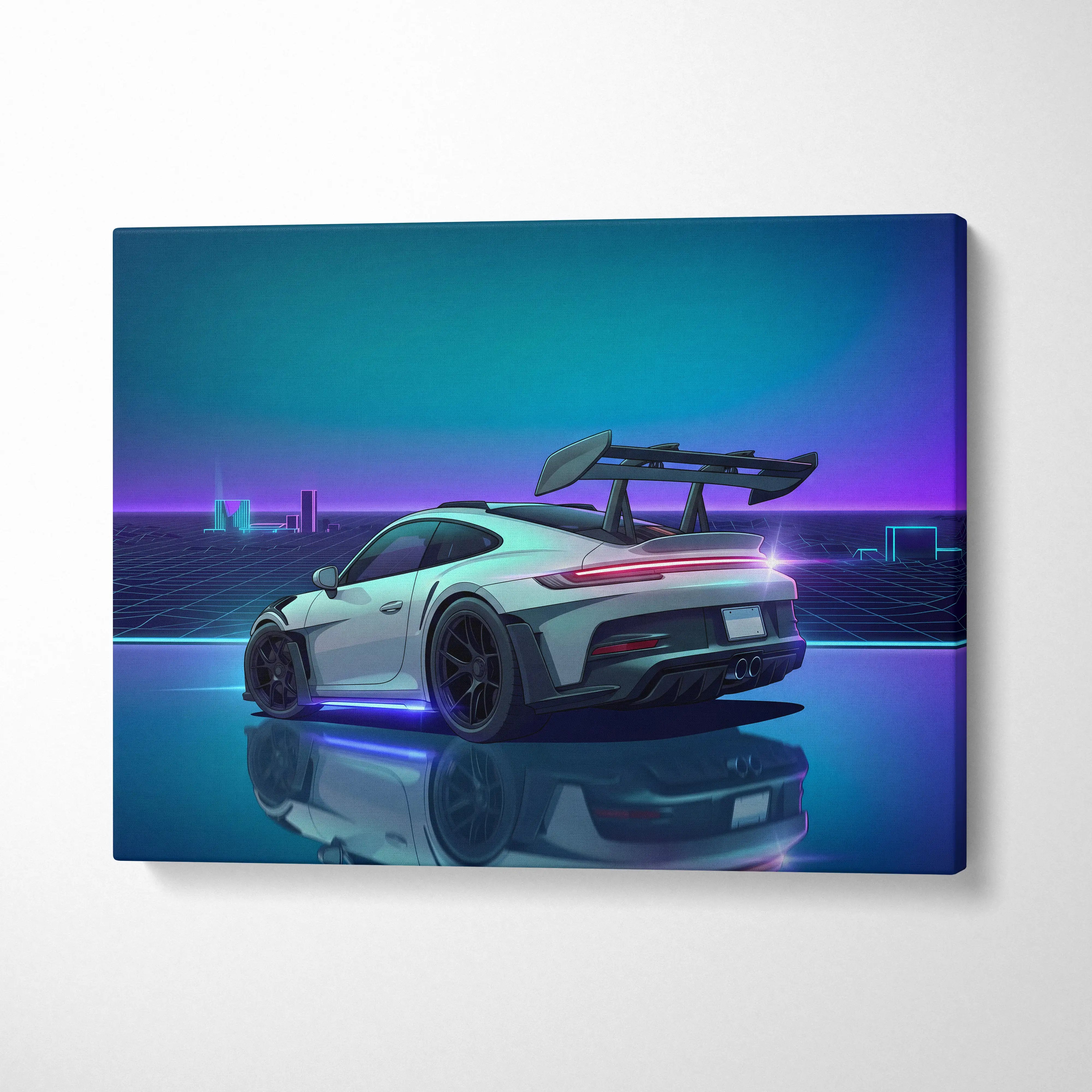 Porsche 911 GT3 RS Inspired White Blue Canvas Wall Art Vaporwave Neon Grid Sports Car Artwork, Cyberpunk Reflection Garage Decor