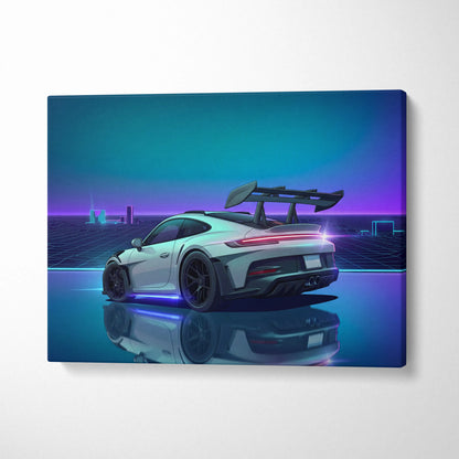 Porsche 911 GT3 RS Inspired White Blue Canvas Wall Art Vaporwave Neon Grid Sports Car Artwork, Cyberpunk Reflection Garage Decor