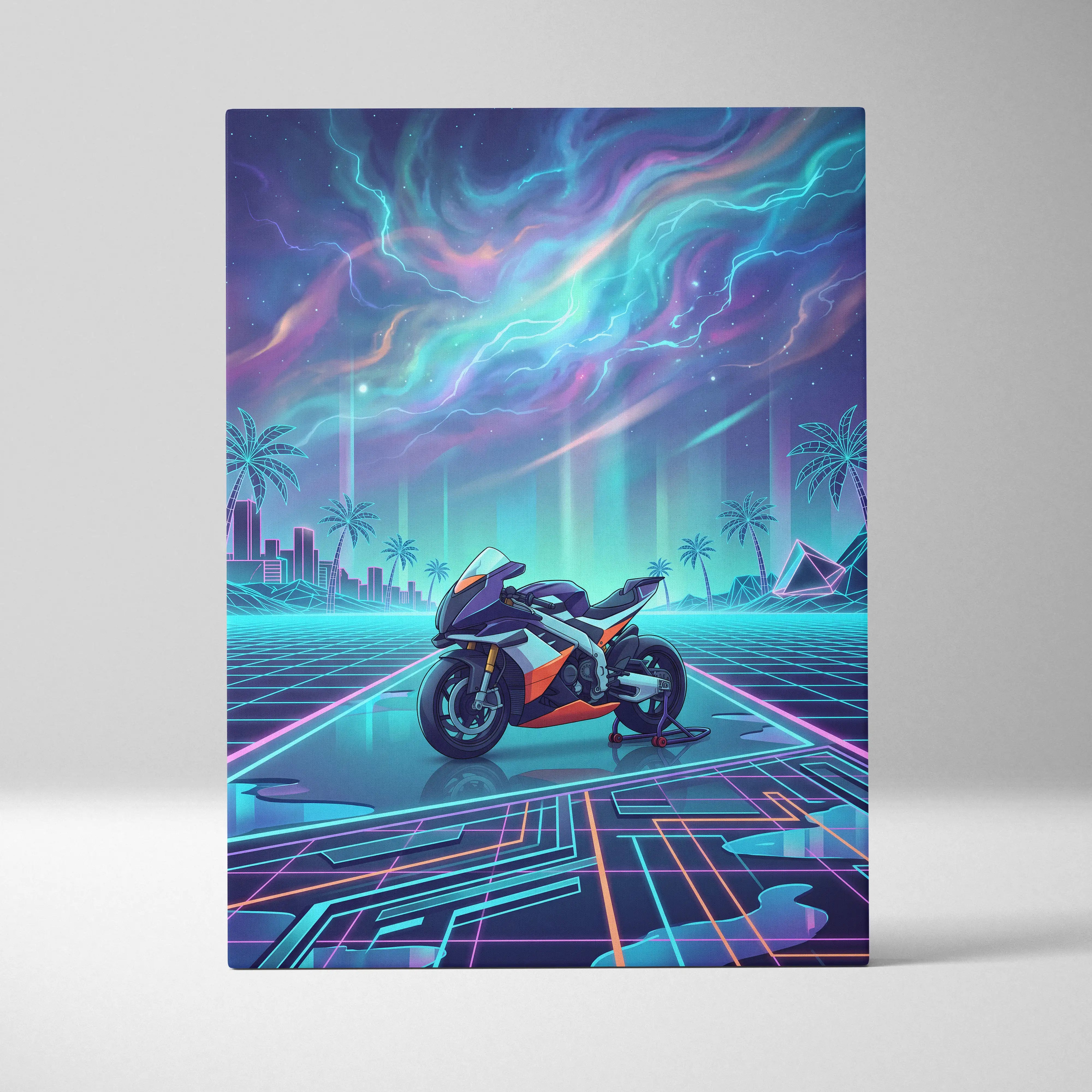 Aprilia RSV4 Xtrenta Inspired Orange Cyan Motorcycle Canvas Wall Art Vaporwave Neon Storm Sportbike Garage Decor Retro Futuristic Racing Artwork