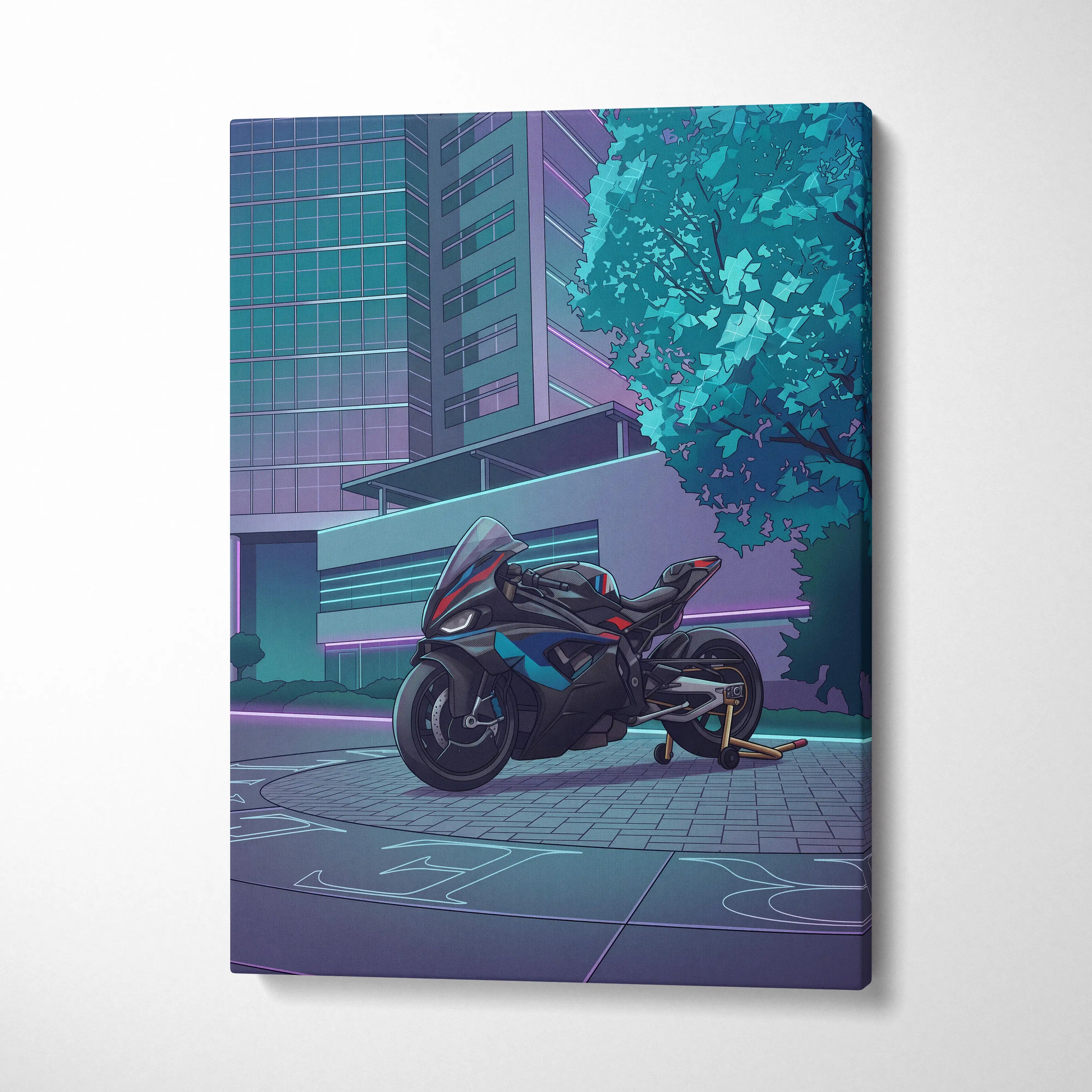 BMW M1000RR Inspired Black Blue Motorcycle Canvas Wall Art Vaporwave Neon Urban Sportbike Garage Decor Futuristic Racing Artwork