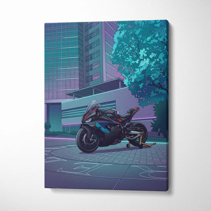 BMW M1000RR Inspired Black Blue Motorcycle Canvas Wall Art Vaporwave Neon Urban Sportbike Garage Decor Futuristic Racing Artwork