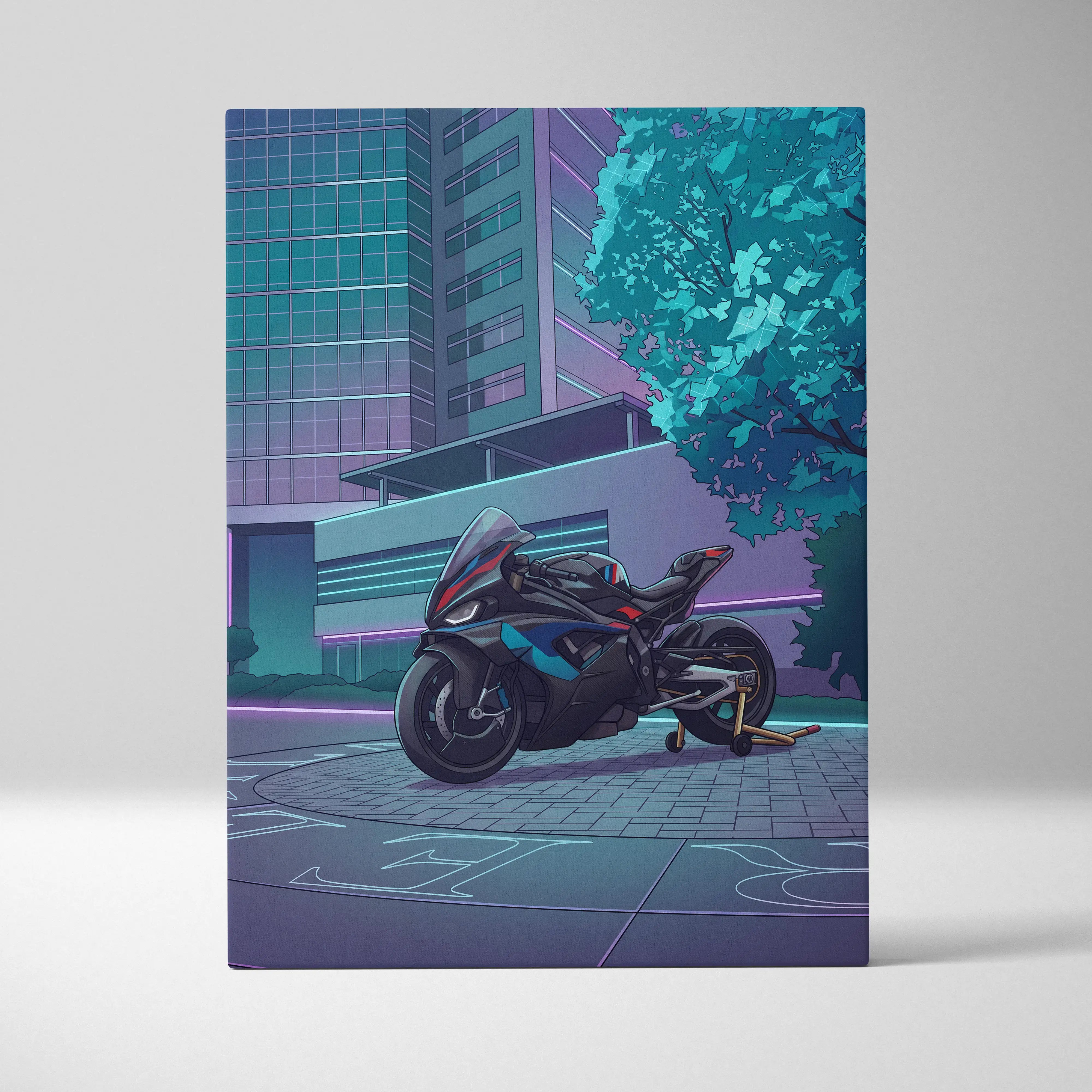 BMW M1000RR Inspired Black Blue Motorcycle Canvas Wall Art Vaporwave Neon Urban Sportbike Garage Decor Futuristic Racing Artwork