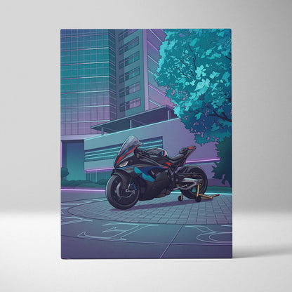 BMW M1000RR Inspired Black Blue Motorcycle Canvas Wall Art Vaporwave Neon Urban Sportbike Garage Decor Futuristic Racing Artwork