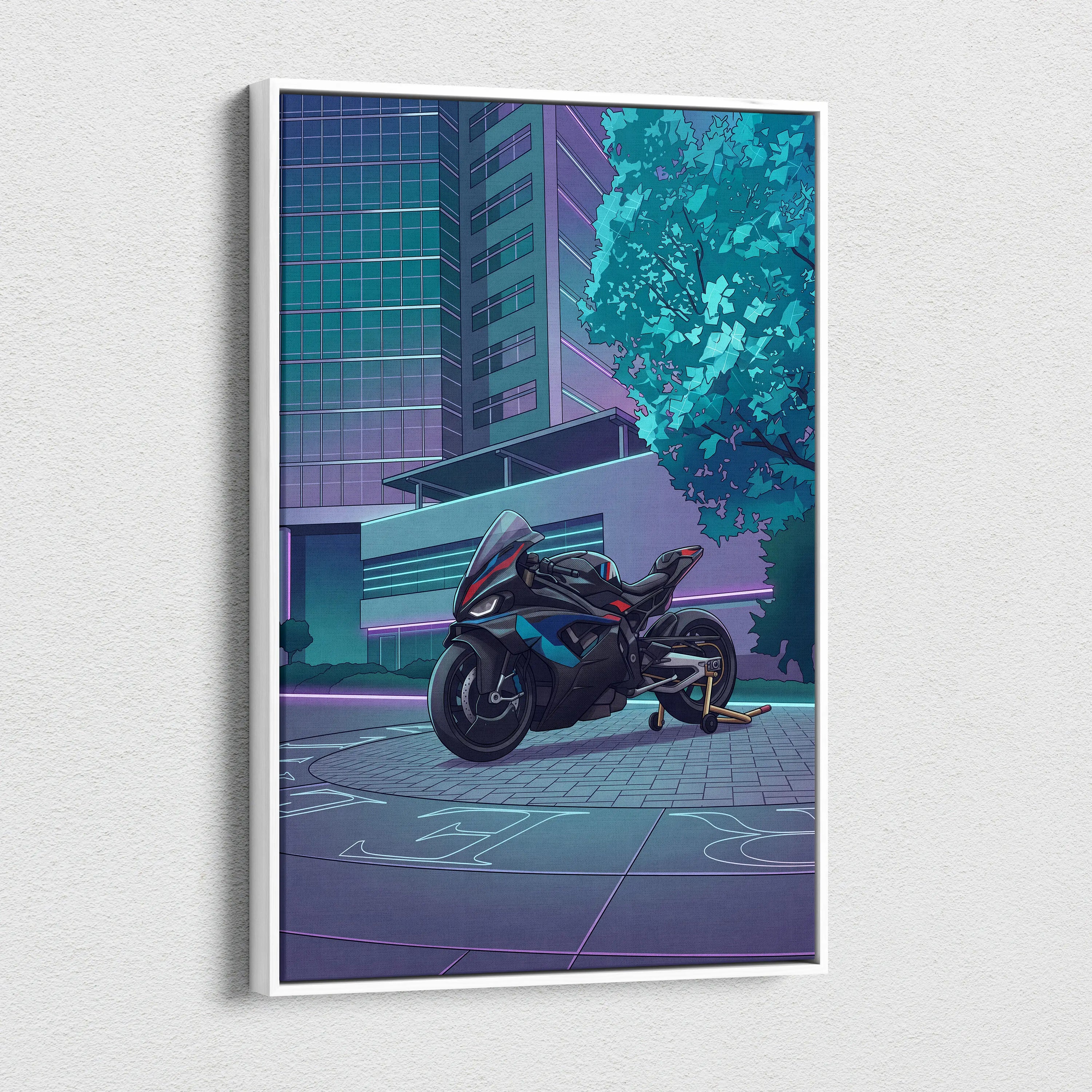 BMW M1000RR Inspired Black Blue Motorcycle Canvas Wall Art Vaporwave Neon Urban Sportbike Garage Decor Futuristic Racing Artwork