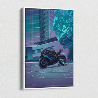 BMW M1000RR Inspired Black Blue Motorcycle Canvas Wall Art Vaporwave Neon Urban Sportbike Garage Decor Futuristic Racing Artwork