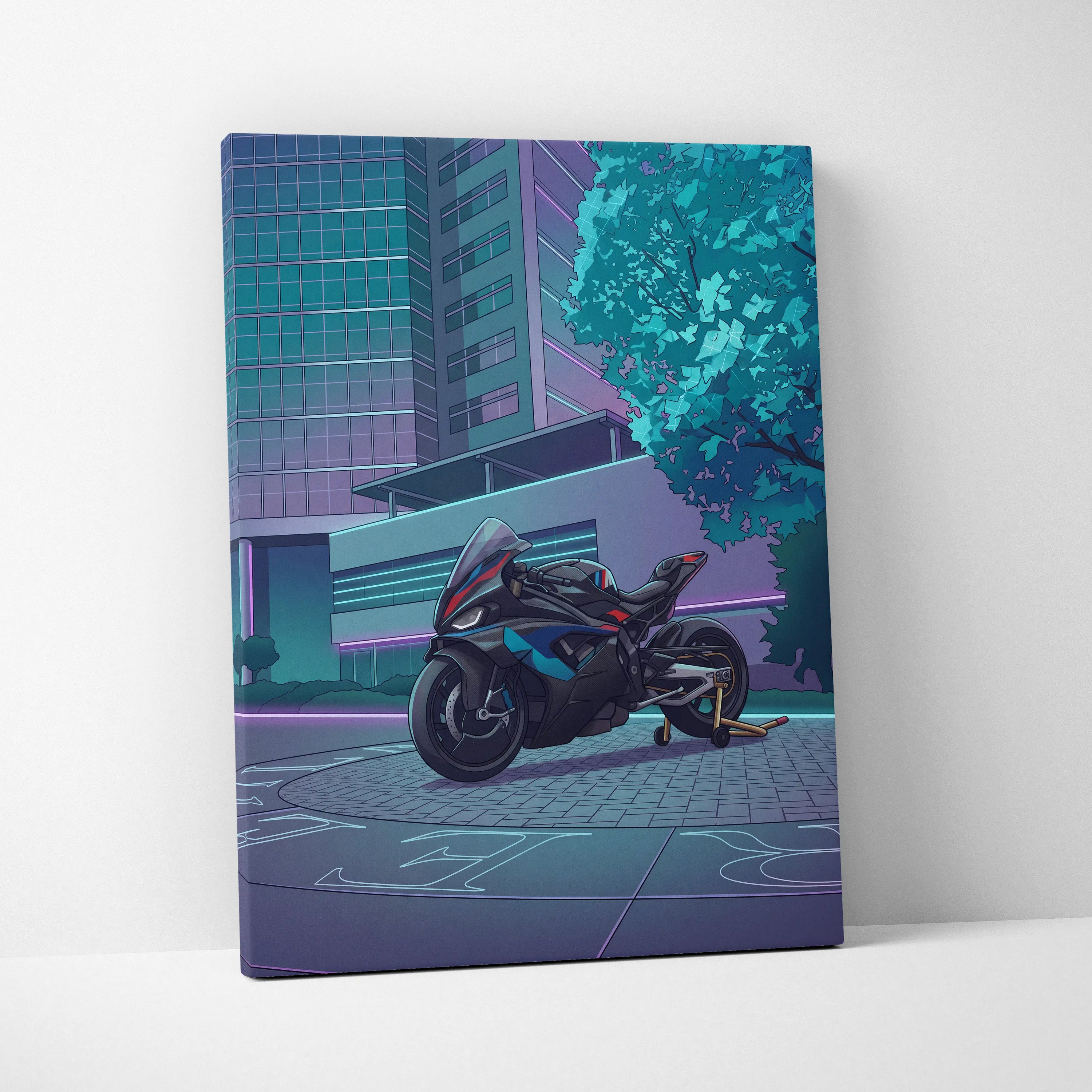 BMW M1000RR Inspired Black Blue Motorcycle Canvas Wall Art Vaporwave Neon Urban Sportbike Garage Decor Futuristic Racing Artwork