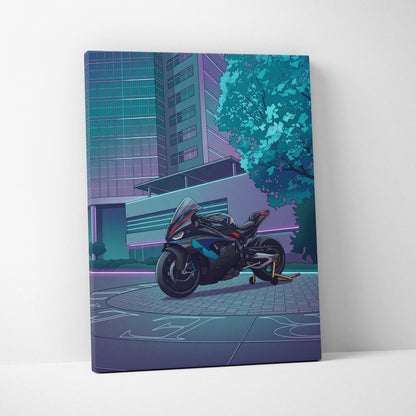 BMW M1000RR Inspired Black Blue Motorcycle Canvas Wall Art Vaporwave Neon Urban Sportbike Garage Decor Futuristic Racing Artwork