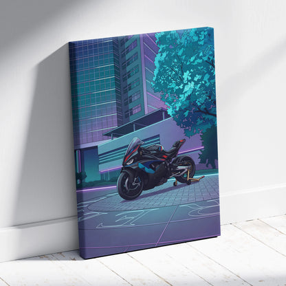 BMW M1000RR Inspired Black Blue Motorcycle Canvas Wall Art Vaporwave Neon Urban Sportbike Garage Decor Futuristic Racing Artwork