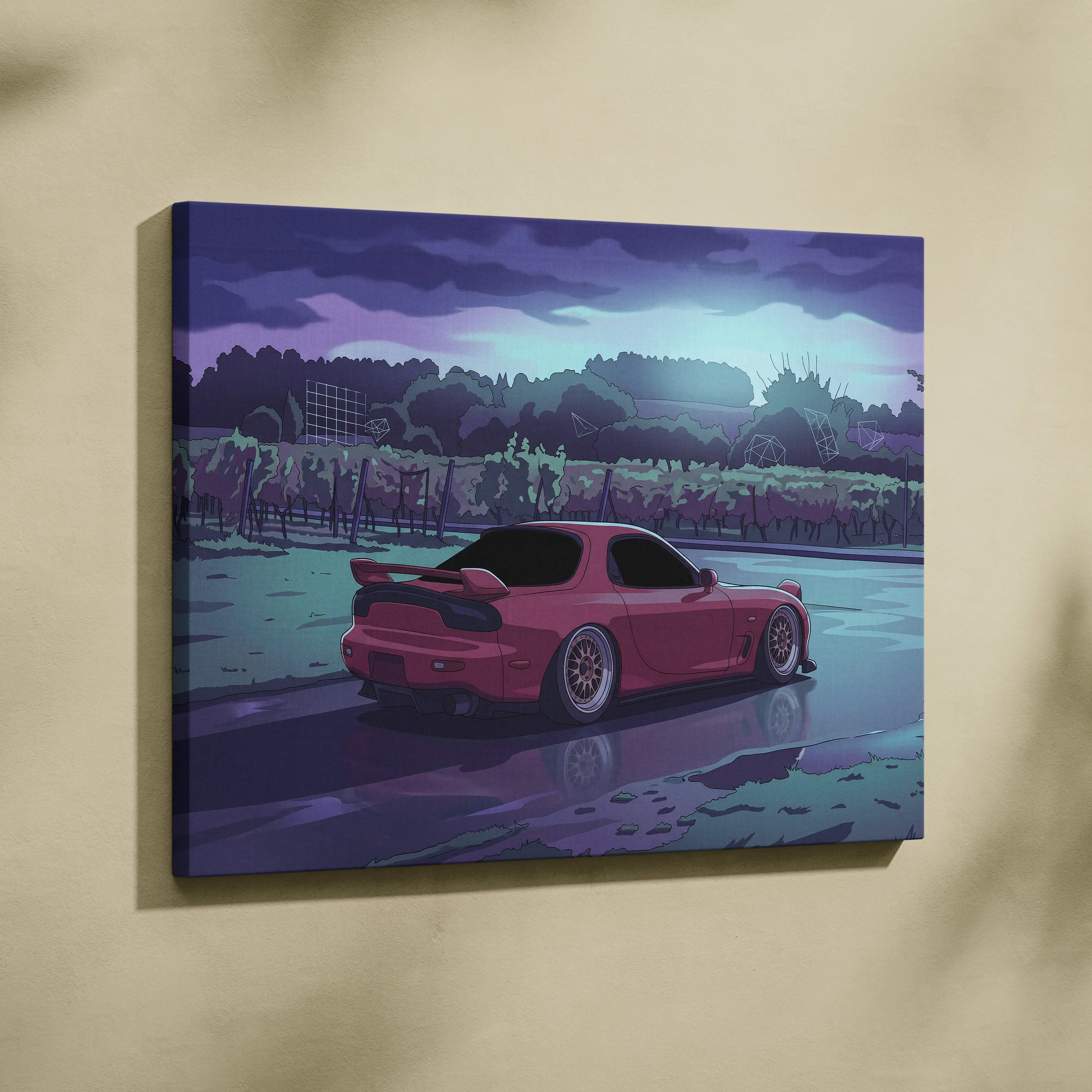 Mazda RX-7 FD Inspired Pink Teal Canvas Wall Art, Moody Vaporwave JDM Sports Car Artwork for Rainy Road Garage Decor