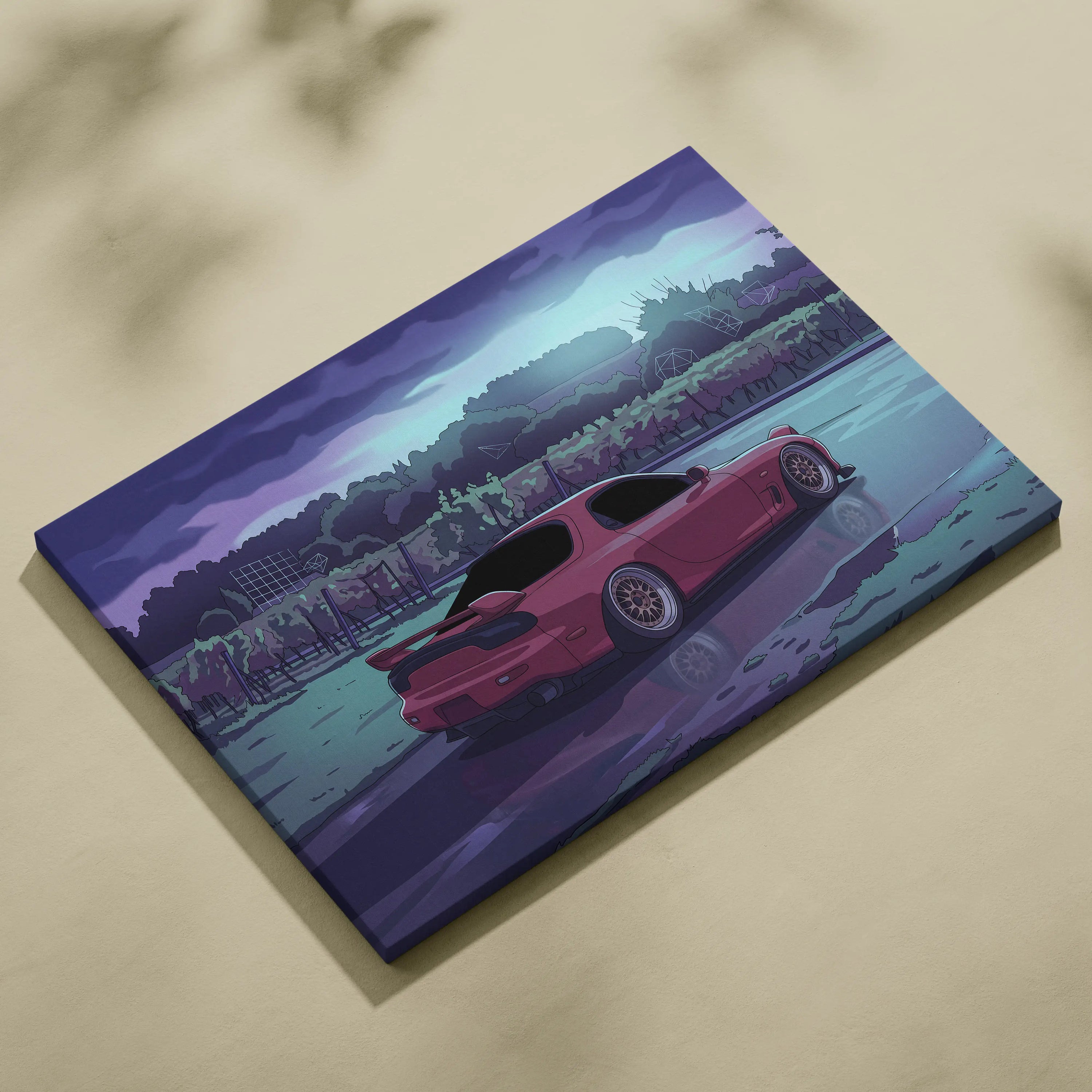 Mazda RX-7 FD Inspired Pink Teal Canvas Wall Art, Moody Vaporwave JDM Sports Car Artwork for Rainy Road Garage Decor