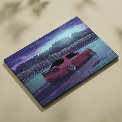 Mazda RX-7 FD Inspired Pink Teal Canvas Wall Art, Moody Vaporwave JDM Sports Car Artwork for Rainy Road Garage Decor