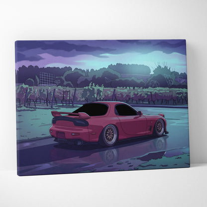 Mazda RX-7 FD Inspired Pink Teal Canvas Wall Art, Moody Vaporwave JDM Sports Car Artwork for Rainy Road Garage Decor