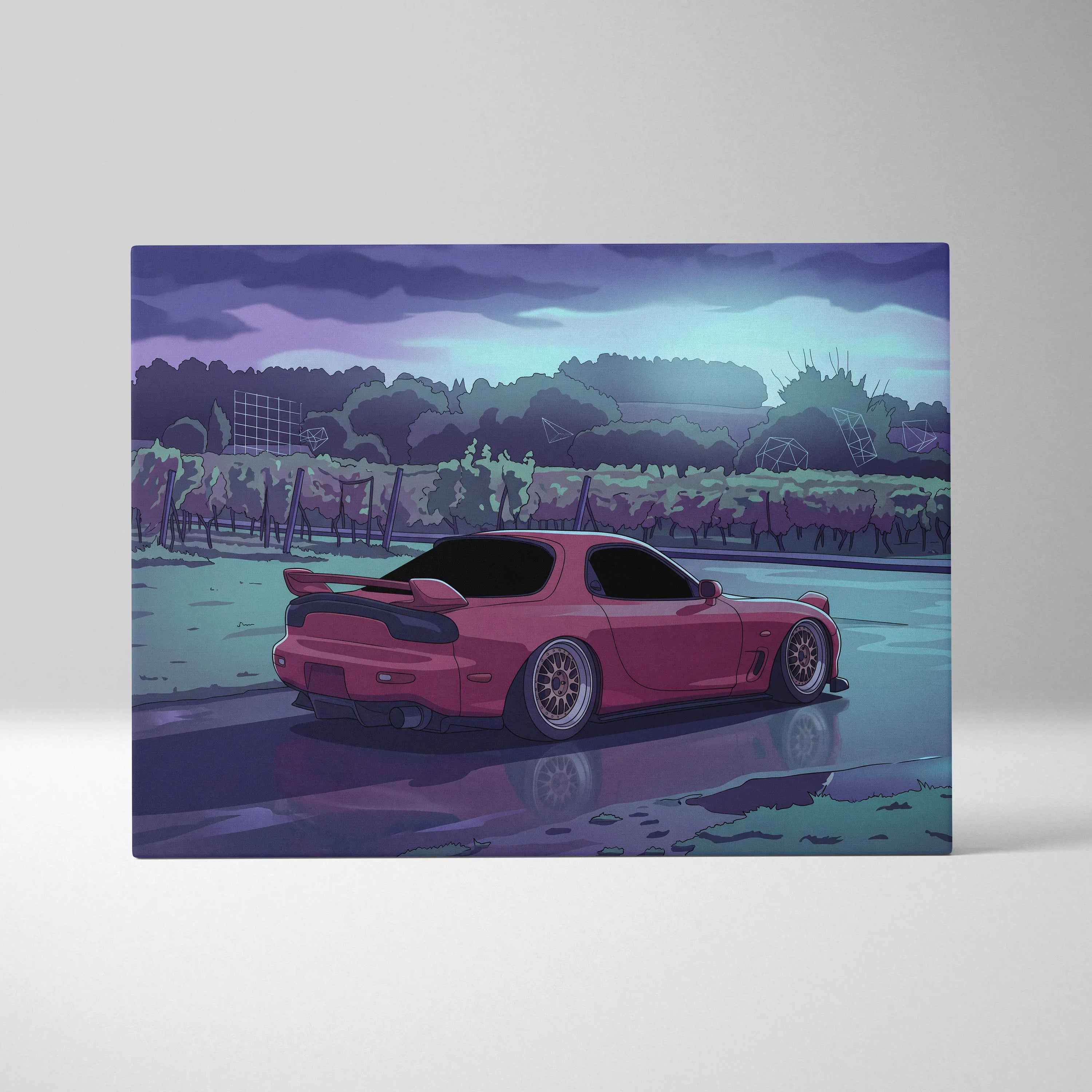 Mazda RX-7 FD Inspired Pink Teal Canvas Wall Art, Moody Vaporwave JDM Sports Car Artwork for Rainy Road Garage Decor