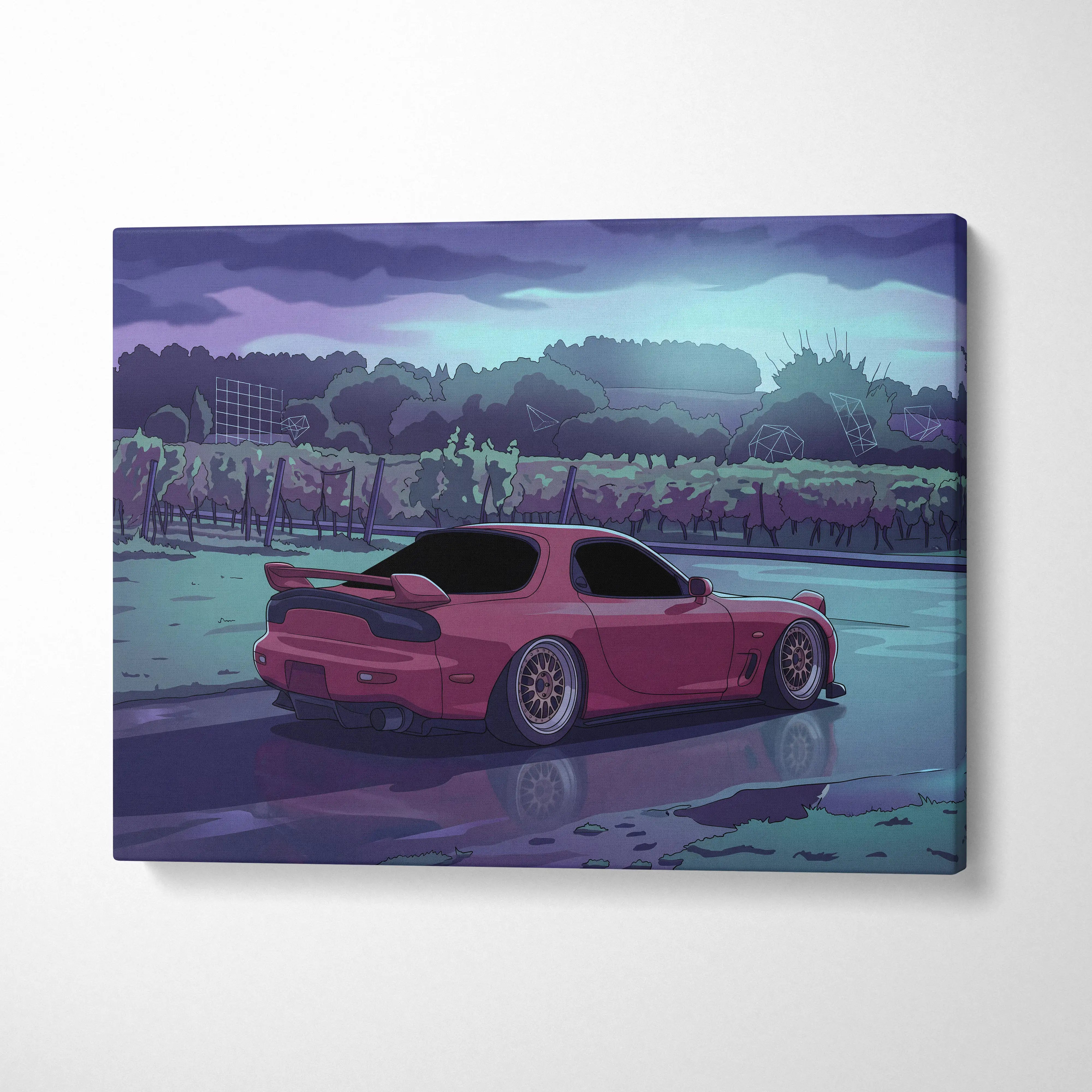 Mazda RX-7 FD Inspired Pink Teal Canvas Wall Art, Moody Vaporwave JDM Sports Car Artwork for Rainy Road Garage Decor