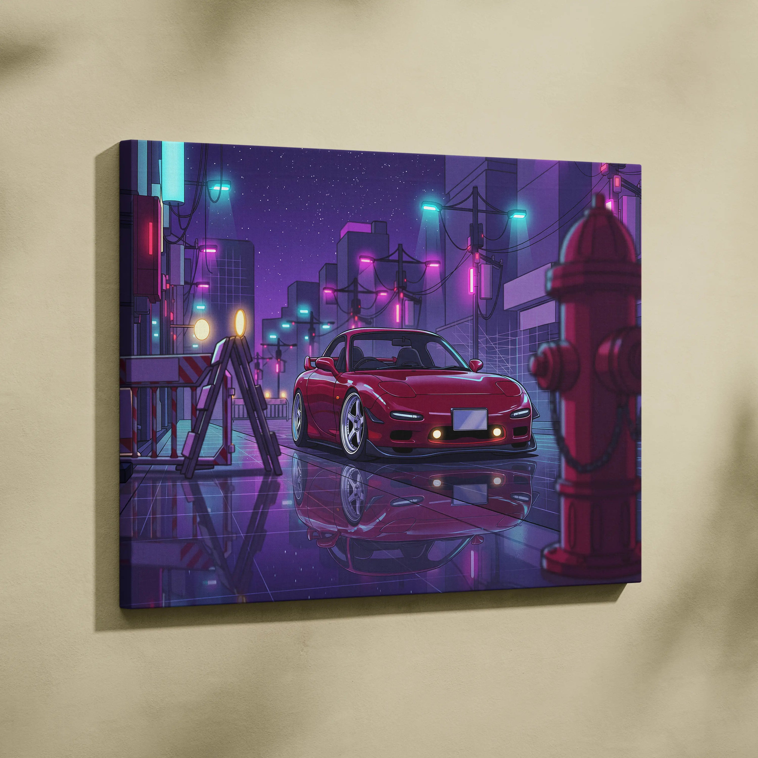 Mazda RX-7 FD Inspired Red Purple Canvas Wall Art, Neon Vaporwave JDM Sports Car Artwork for Cyberpunk Garage Decor