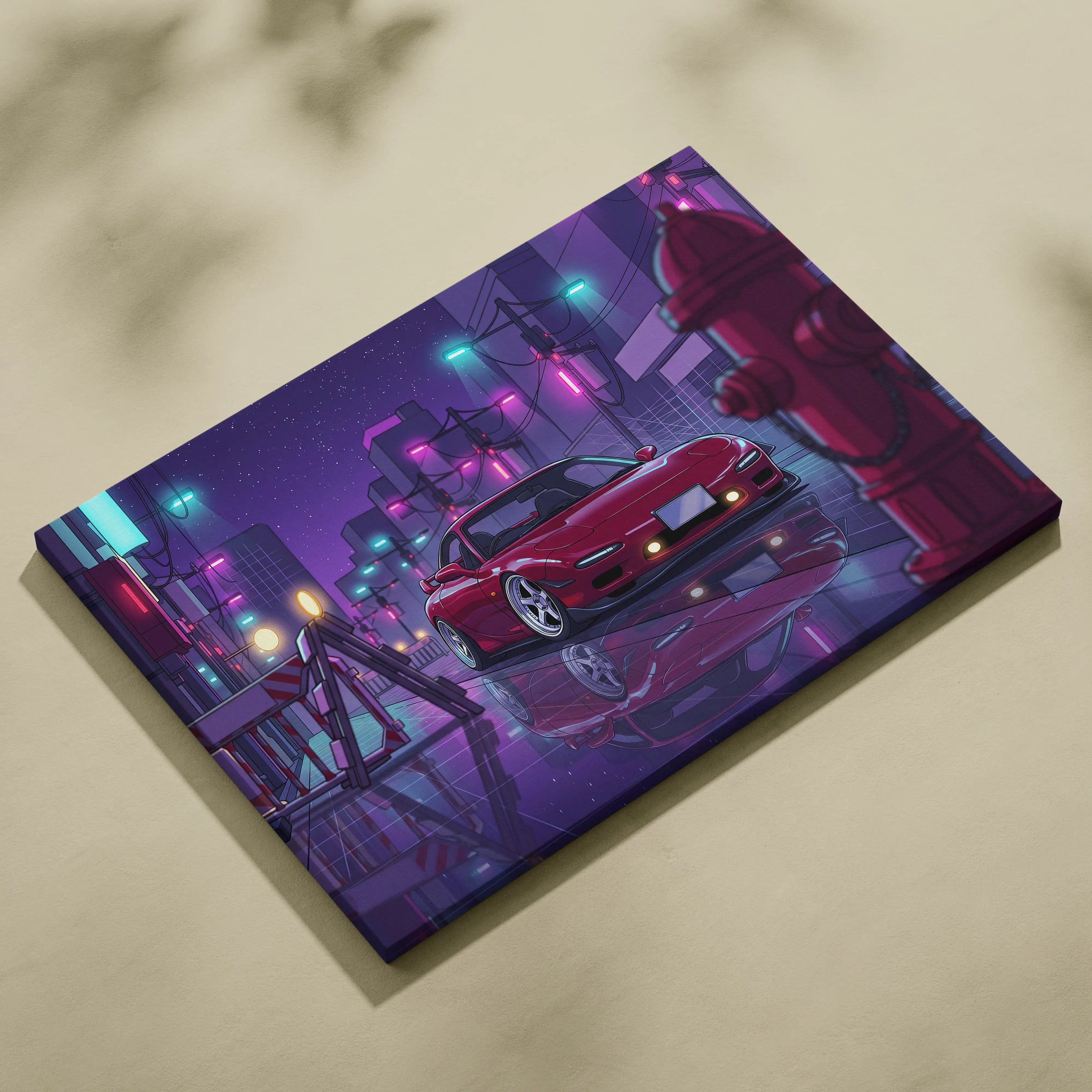 Mazda RX-7 FD Inspired Red Purple Canvas Wall Art, Neon Vaporwave JDM Sports Car Artwork for Cyberpunk Garage Decor