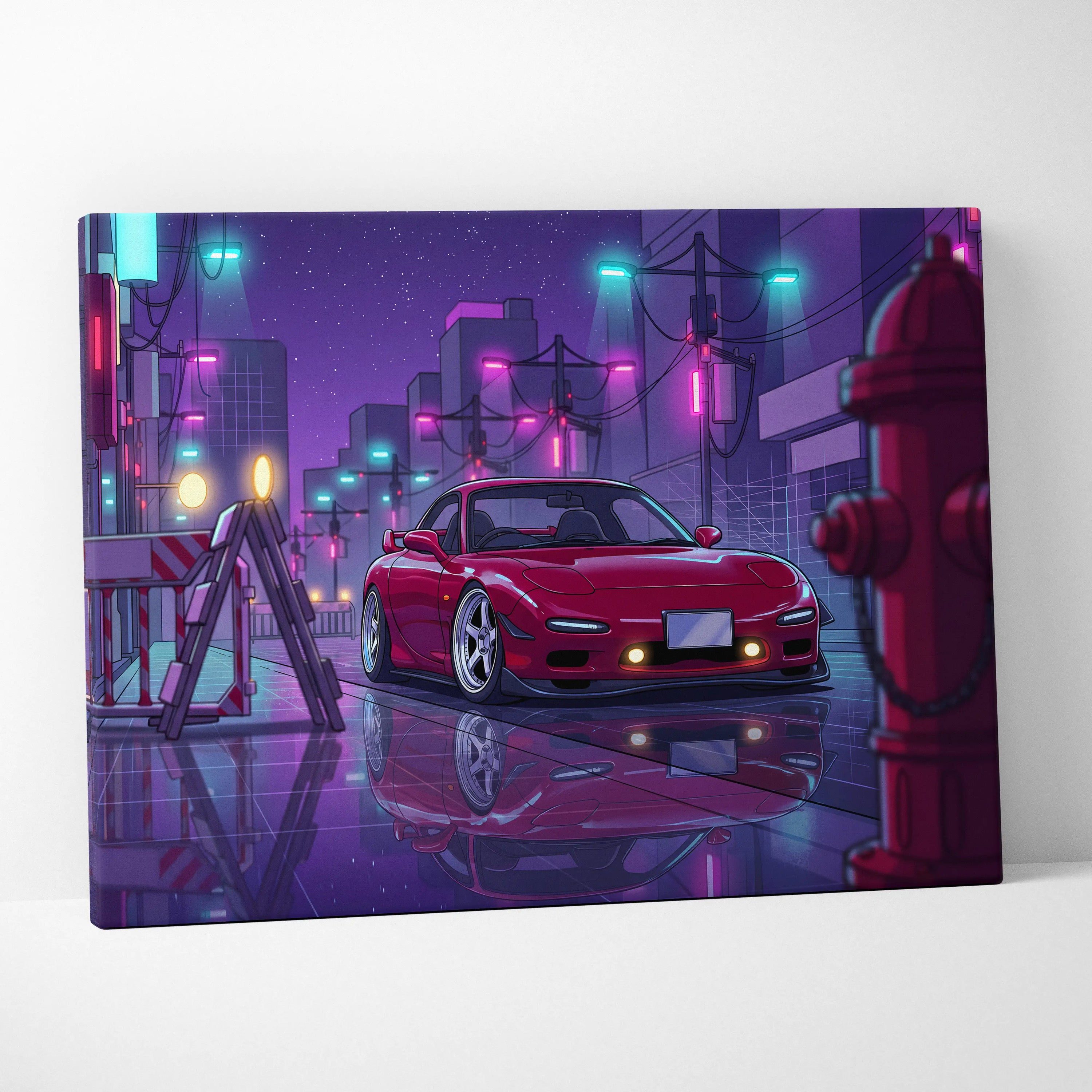 Mazda RX-7 FD Inspired Red Purple Canvas Wall Art, Neon Vaporwave JDM Sports Car Artwork for Cyberpunk Garage Decor