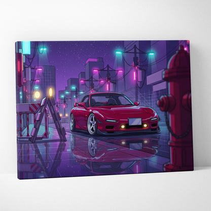 Mazda RX-7 FD Inspired Red Purple Canvas Wall Art, Neon Vaporwave JDM Sports Car Artwork for Cyberpunk Garage Decor