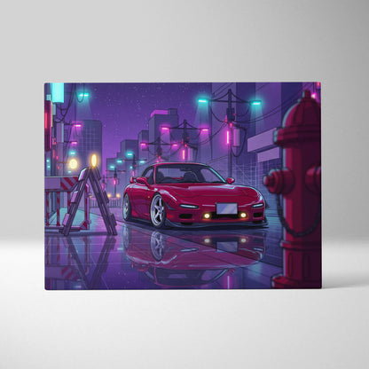 Mazda RX-7 FD Inspired Red Purple Canvas Wall Art, Neon Vaporwave JDM Sports Car Artwork for Cyberpunk Garage Decor