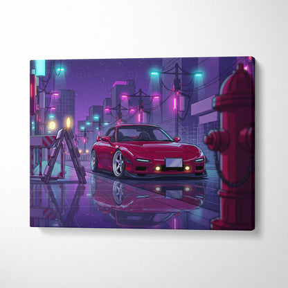 Mazda RX-7 FD Inspired Red Purple Canvas Wall Art, Neon Vaporwave JDM Sports Car Artwork for Cyberpunk Garage Decor