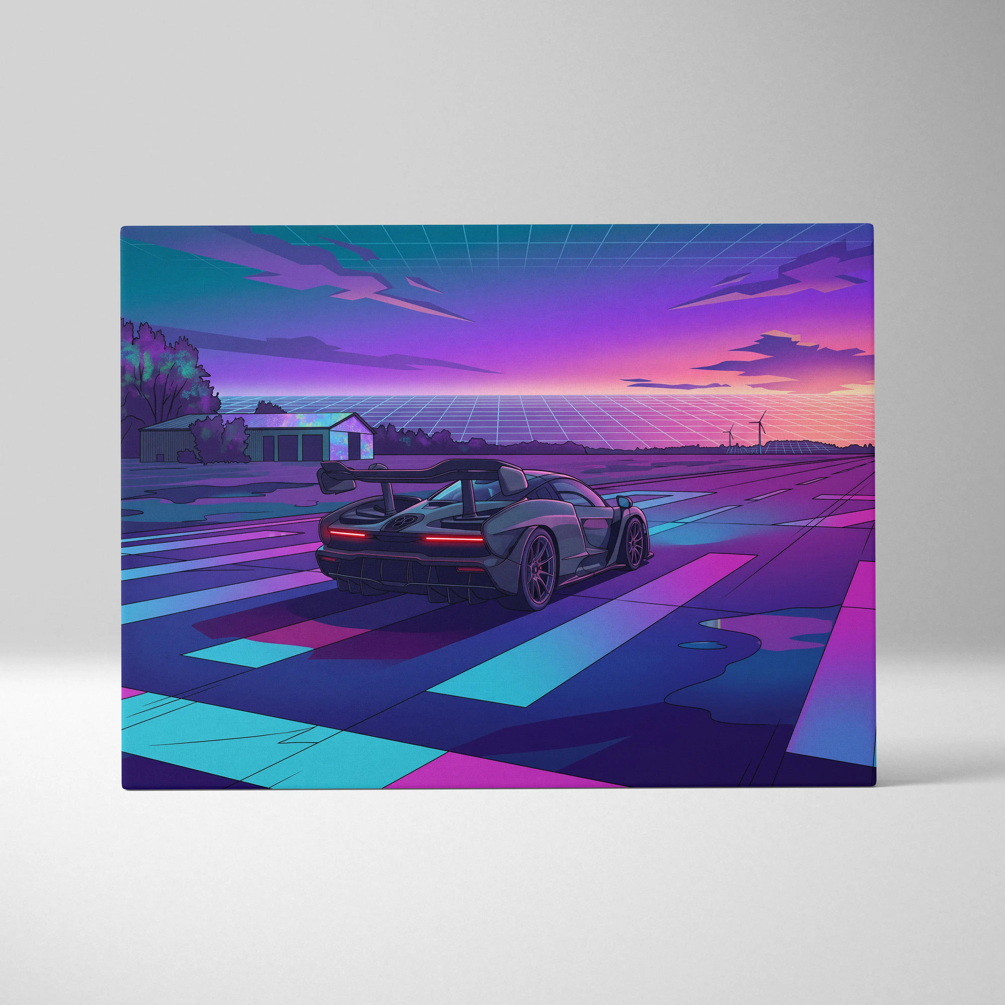 McLaren Senna Inspired Gray Purple Canvas Wall Art Vaporwave Hypercar Artwork Neon Sunset Garage Decor Retro Futuristic Track Print