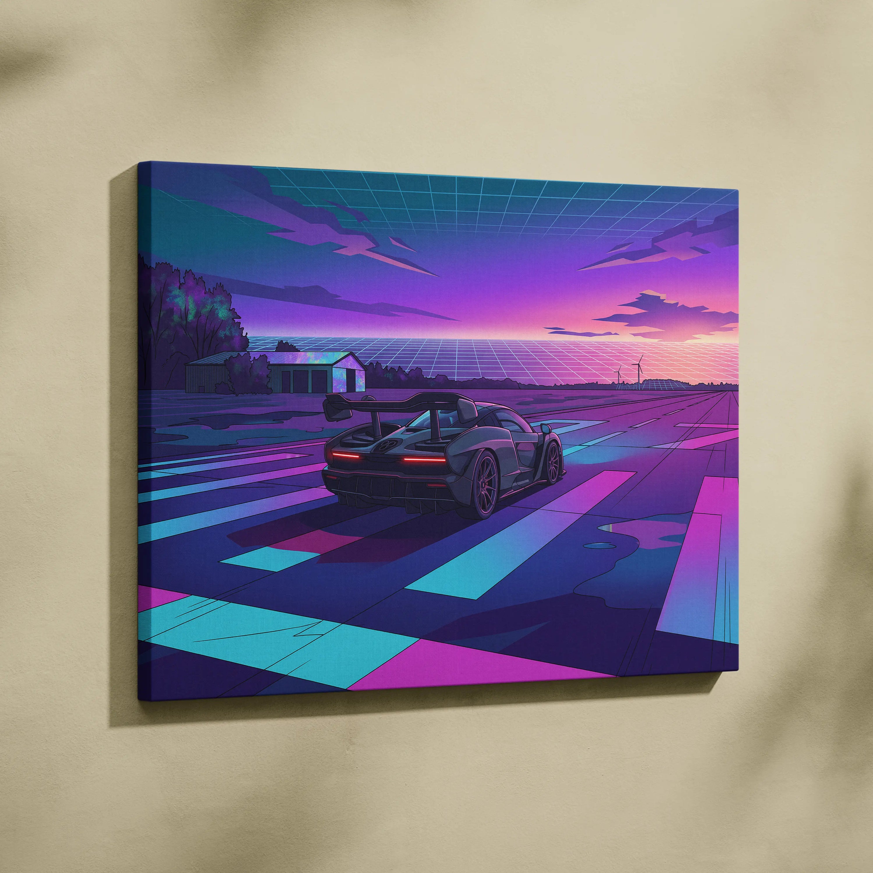 McLaren Senna Inspired Gray Purple Canvas Wall Art Vaporwave Hypercar Artwork Neon Sunset Garage Decor Retro Futuristic Track Print