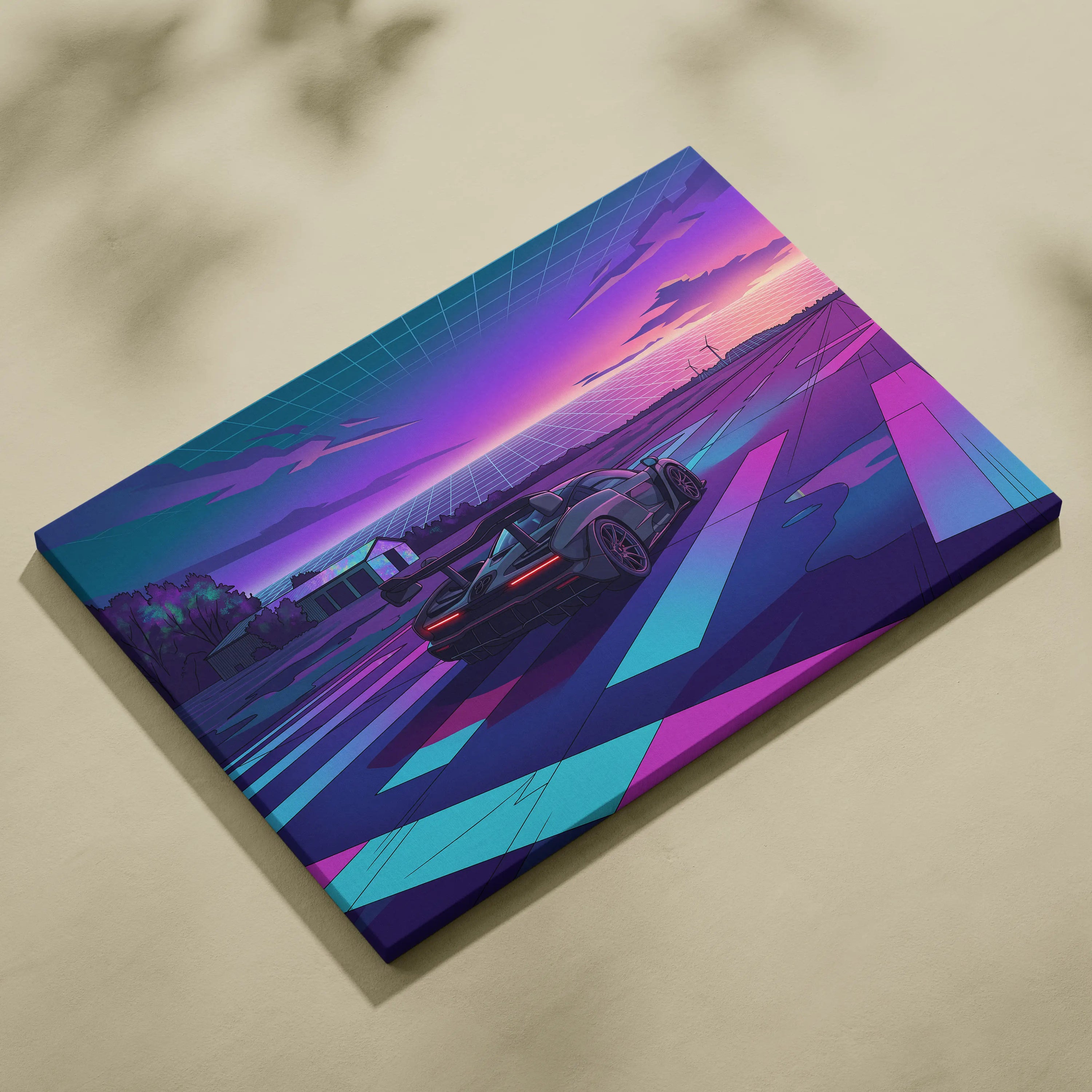 McLaren Senna Inspired Gray Purple Canvas Wall Art Vaporwave Hypercar Artwork Neon Sunset Garage Decor Retro Futuristic Track Print