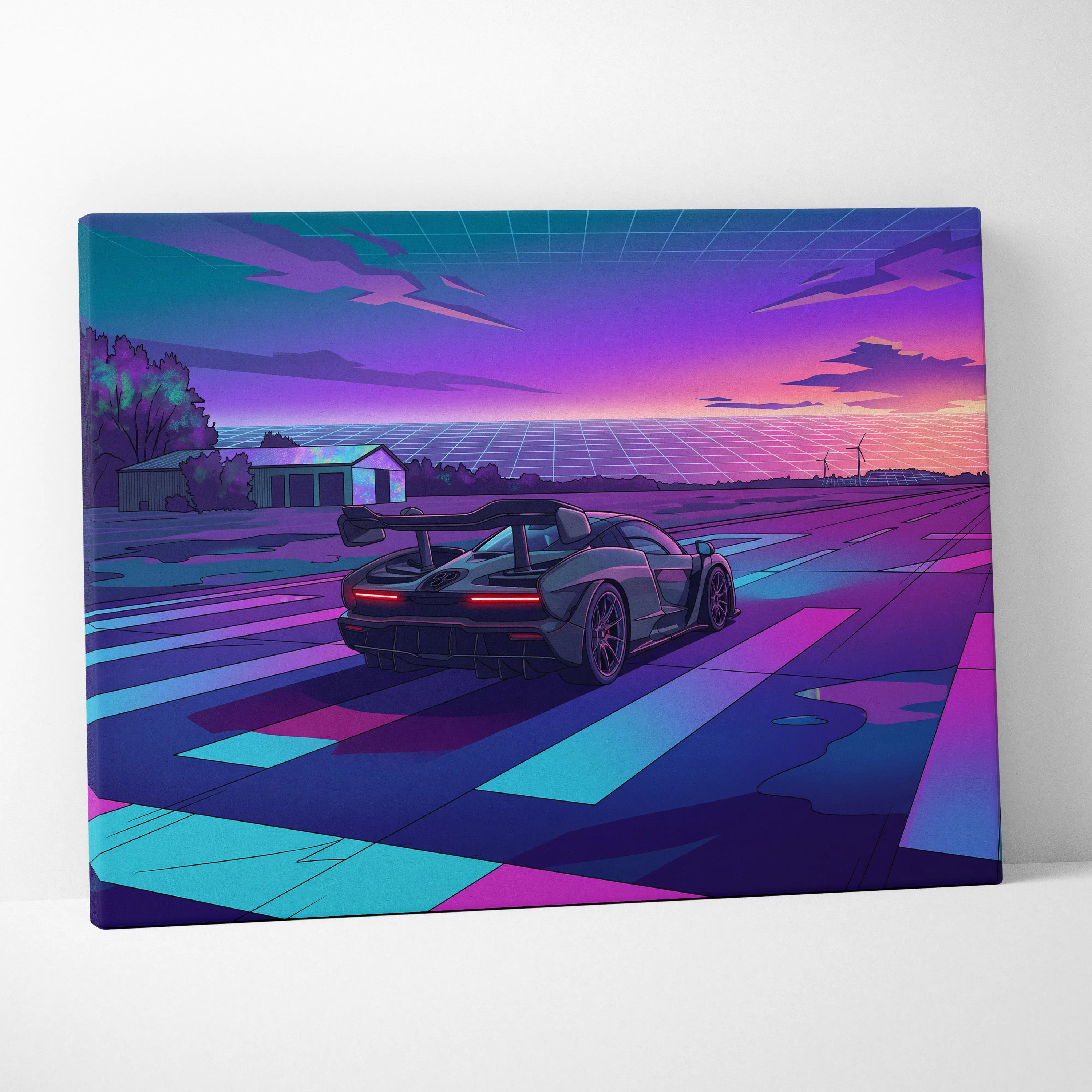 McLaren Senna Inspired Gray Purple Canvas Wall Art Vaporwave Hypercar Artwork Neon Sunset Garage Decor Retro Futuristic Track Print