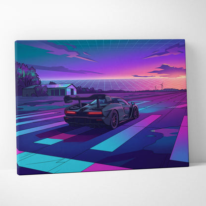 McLaren Senna Inspired Gray Purple Canvas Wall Art Vaporwave Hypercar Artwork Neon Sunset Garage Decor Retro Futuristic Track Print