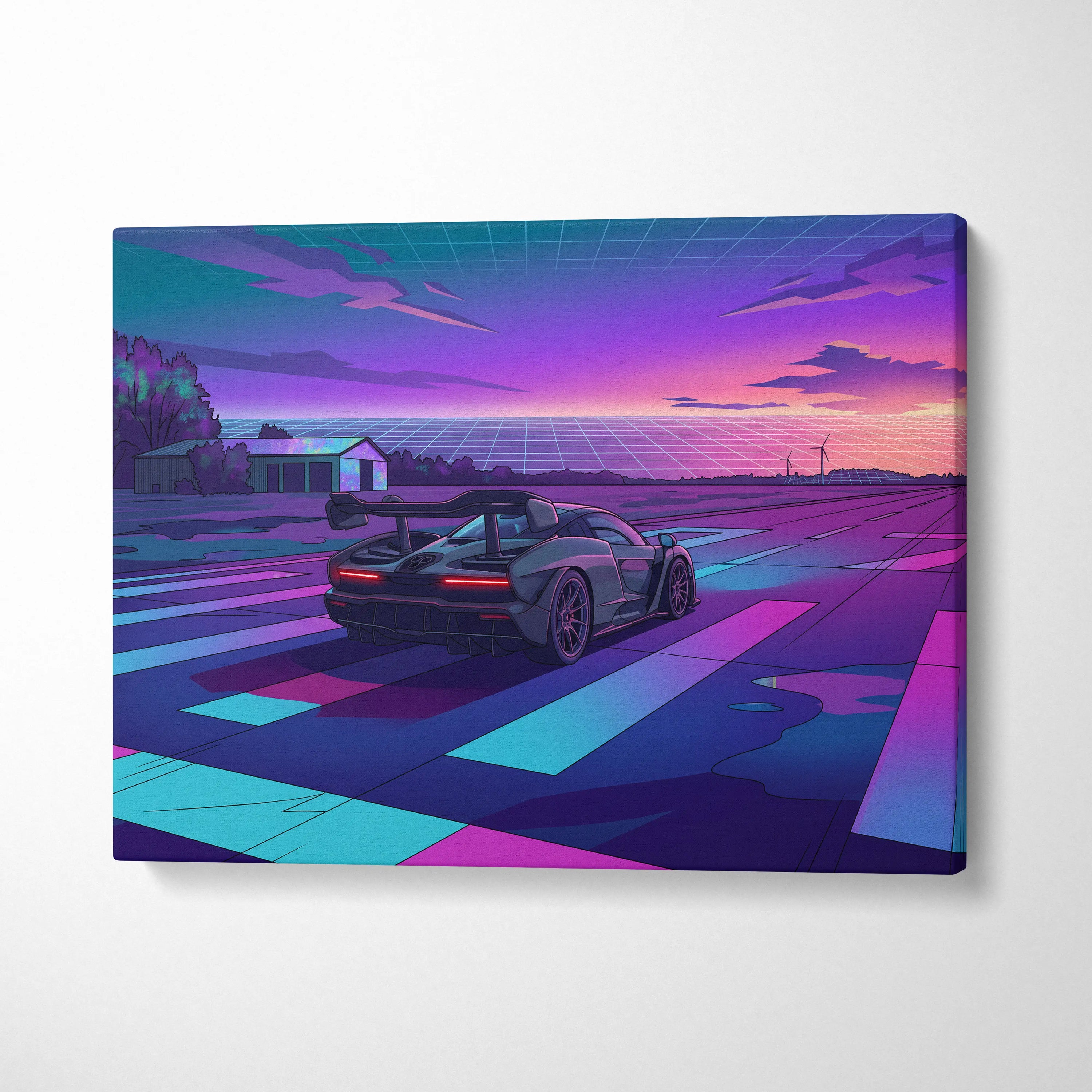 McLaren Senna Inspired Gray Purple Canvas Wall Art Vaporwave Hypercar Artwork Neon Sunset Garage Decor Retro Futuristic Track Print