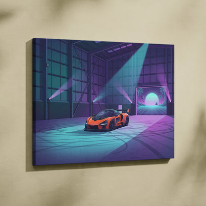 McLaren Senna Inspired Orange Purple Canvas Wall Art Vaporwave Hypercar Artwork Neon Garage Decor Retro Futuristic Motorsport Print