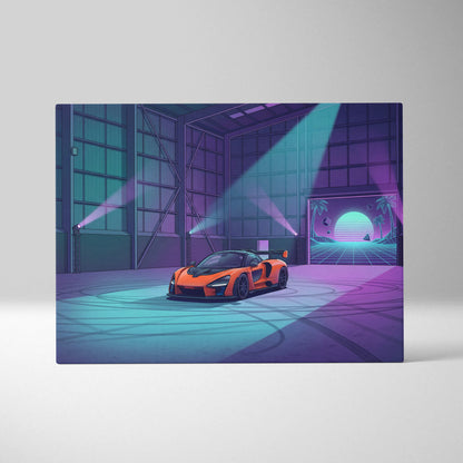 McLaren Senna Inspired Orange Purple Canvas Wall Art Vaporwave Hypercar Artwork Neon Garage Decor Retro Futuristic Motorsport Print