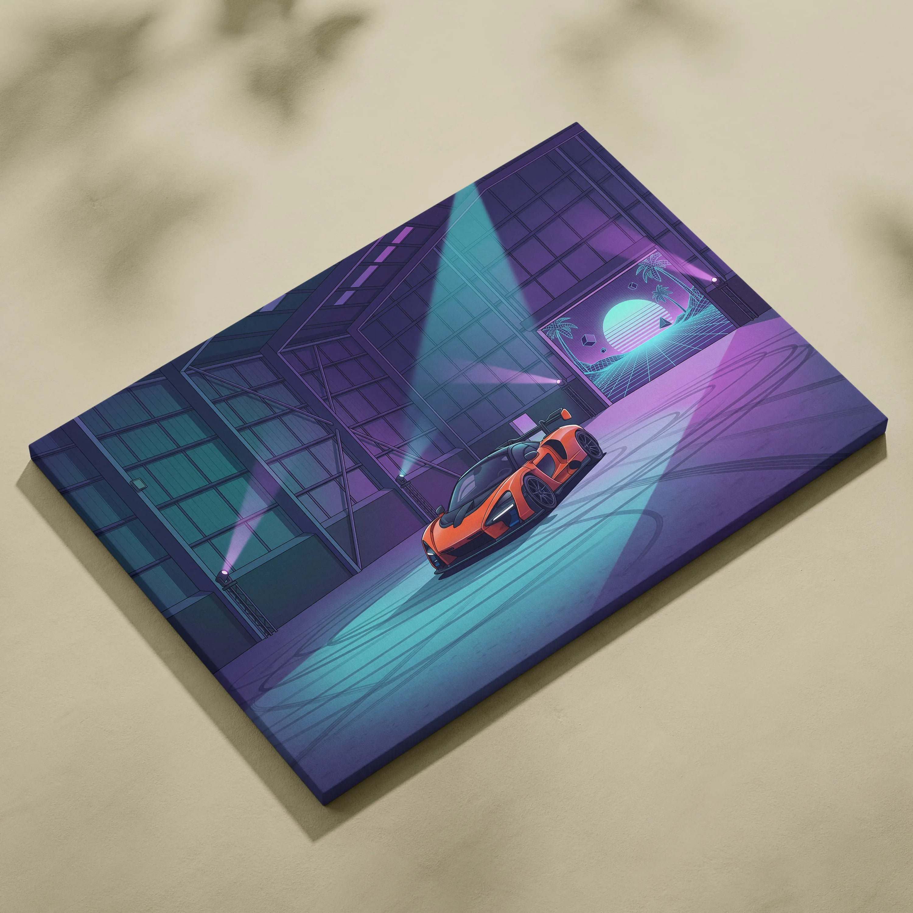 McLaren Senna Inspired Orange Purple Canvas Wall Art Vaporwave Hypercar Artwork Neon Garage Decor Retro Futuristic Motorsport Print