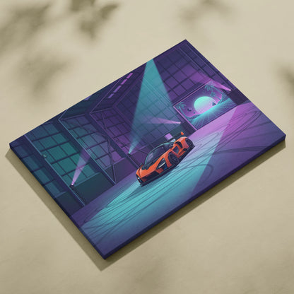McLaren Senna Inspired Orange Purple Canvas Wall Art Vaporwave Hypercar Artwork Neon Garage Decor Retro Futuristic Motorsport Print