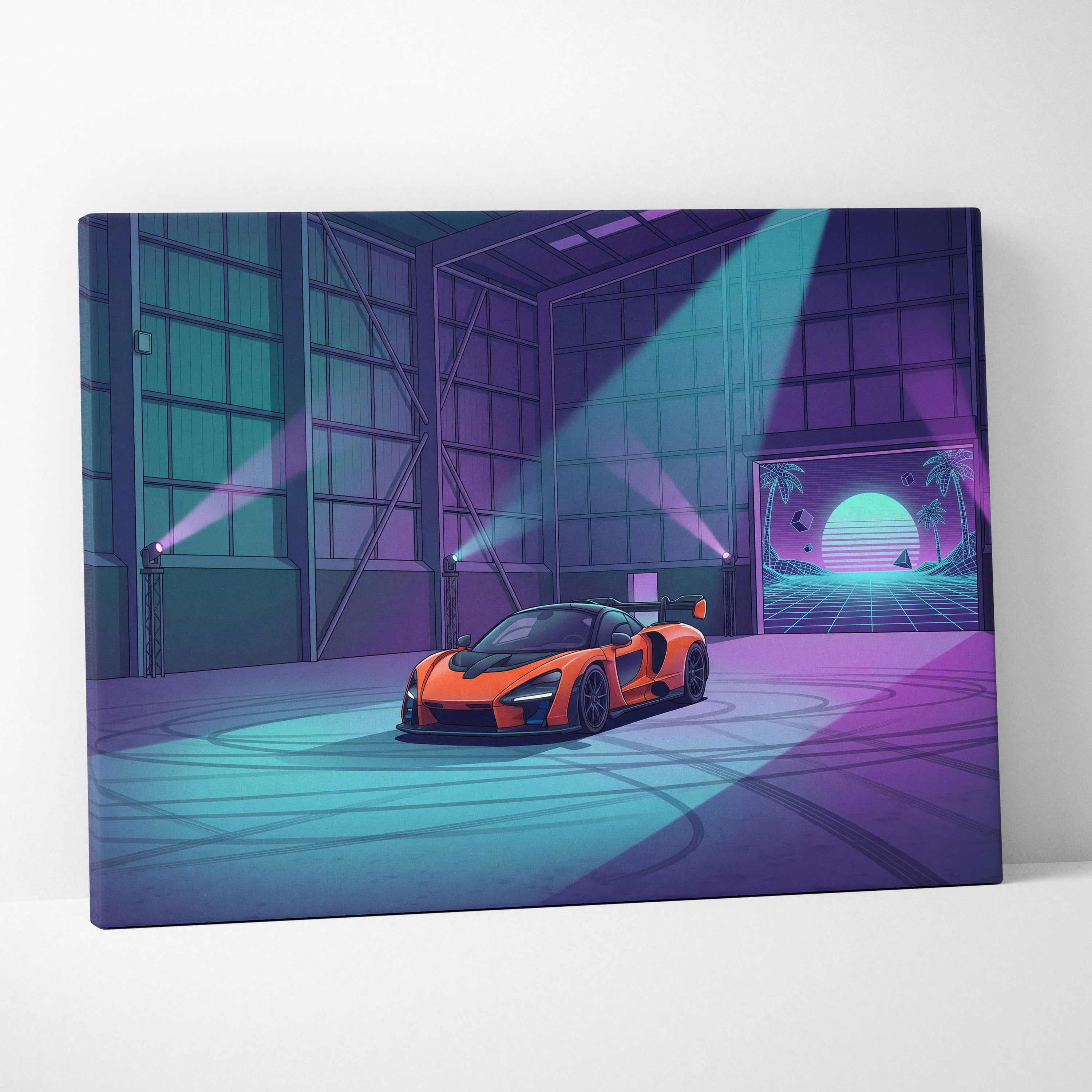 McLaren Senna Inspired Orange Purple Canvas Wall Art Vaporwave Hypercar Artwork Neon Garage Decor Retro Futuristic Motorsport Print