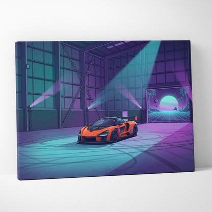 McLaren Senna Inspired Orange Purple Canvas Wall Art Vaporwave Hypercar Artwork Neon Garage Decor Retro Futuristic Motorsport Print