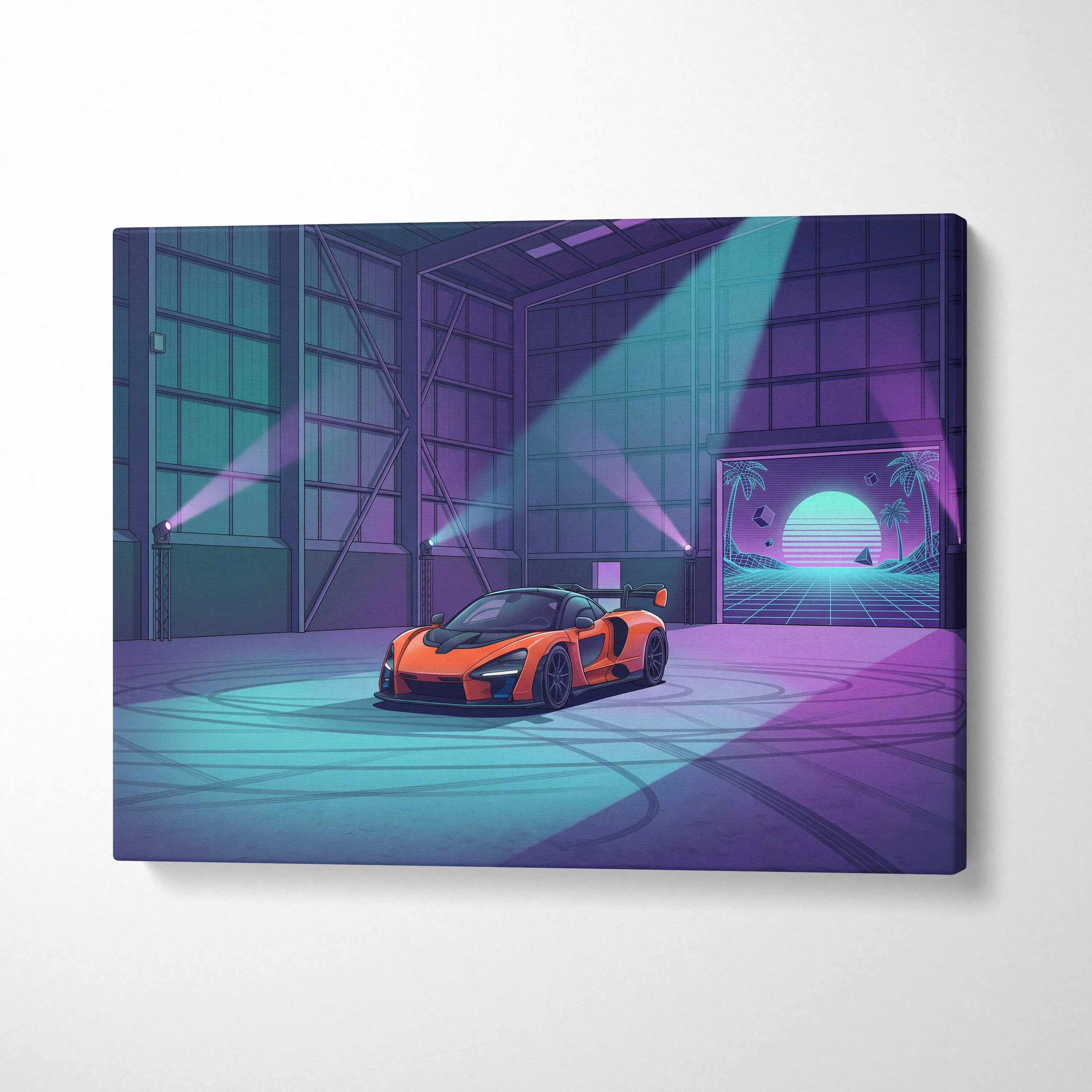 McLaren Senna Inspired Orange Purple Canvas Wall Art Vaporwave Hypercar Artwork Neon Garage Decor Retro Futuristic Motorsport Print