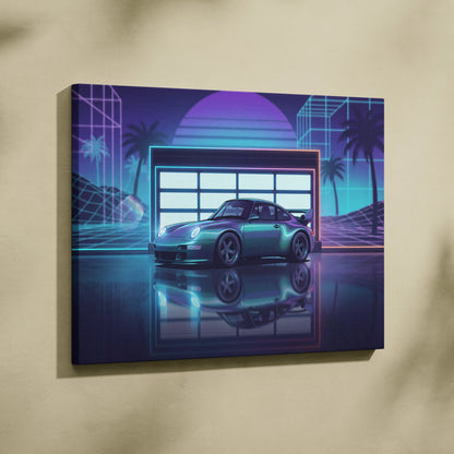 Porsche 911 GT2 Classic Inspired Silver Purple Canvas Wall Art Vaporwave Neon Garage Sports Car Artwork, Retro Palm Sunset Decor