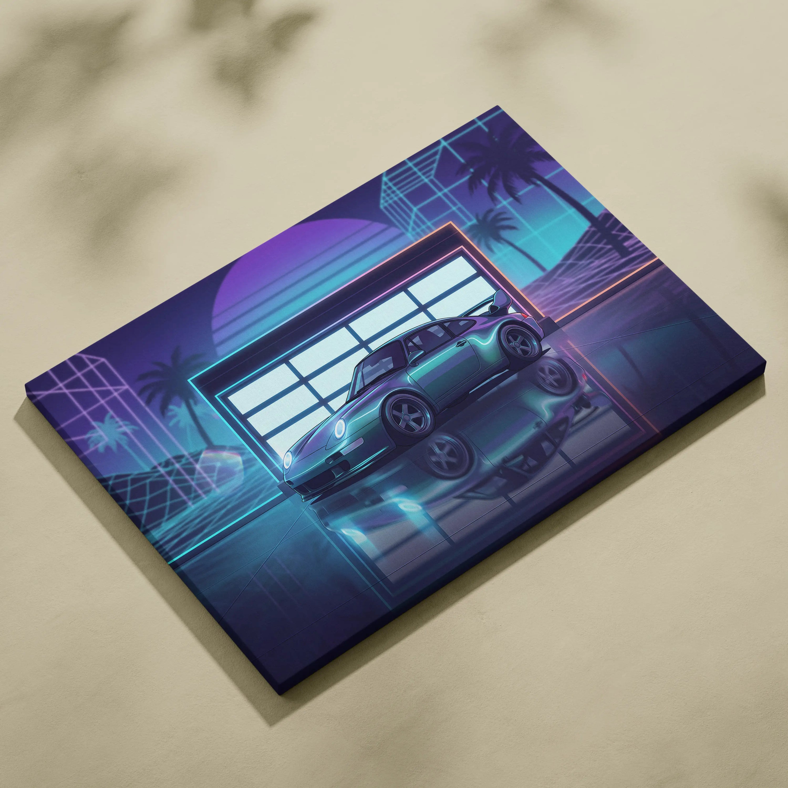 Porsche 911 GT2 Classic Inspired Silver Purple Canvas Wall Art Vaporwave Neon Garage Sports Car Artwork, Retro Palm Sunset Decor