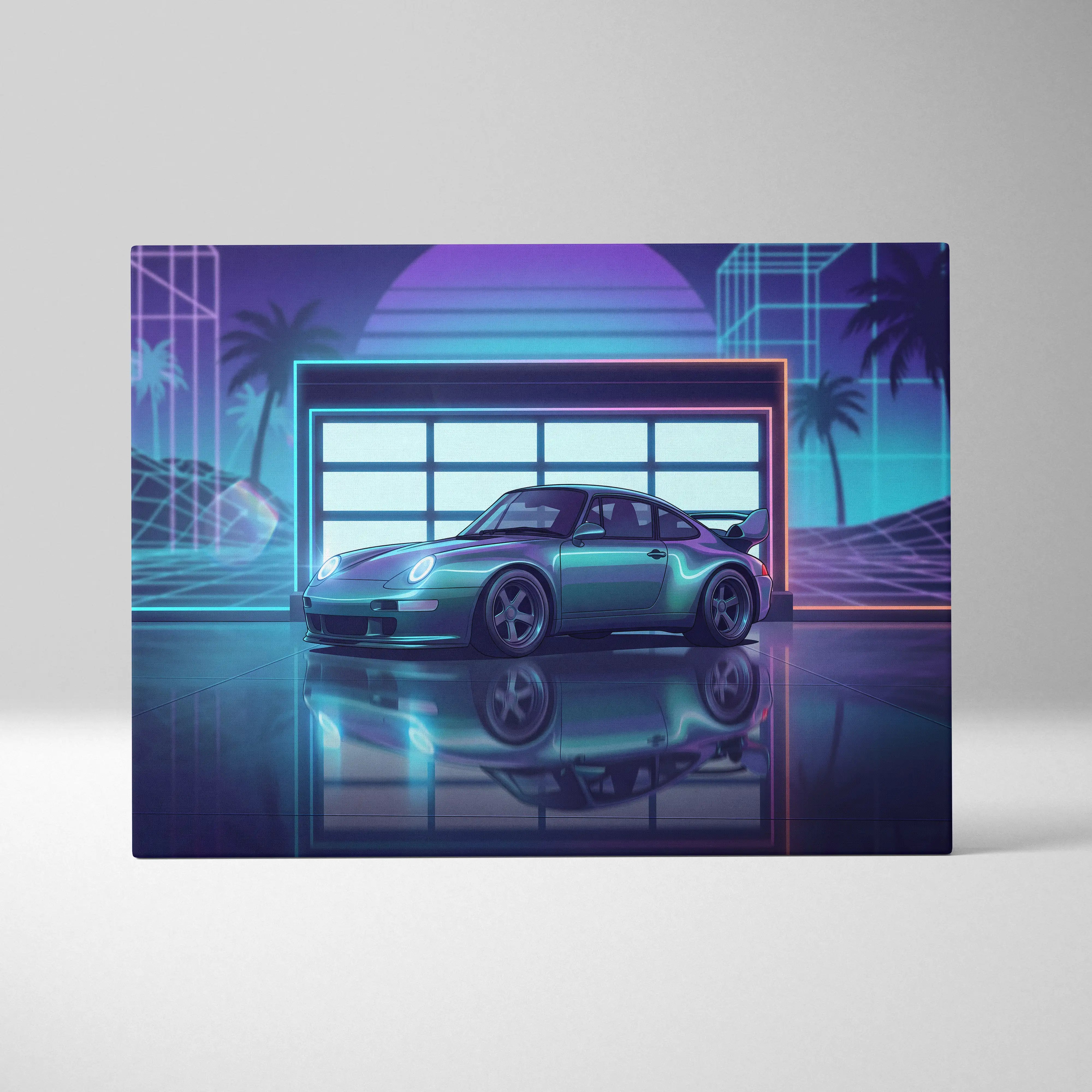 Porsche 911 GT2 Classic Inspired Silver Purple Canvas Wall Art Vaporwave Neon Garage Sports Car Artwork, Retro Palm Sunset Decor