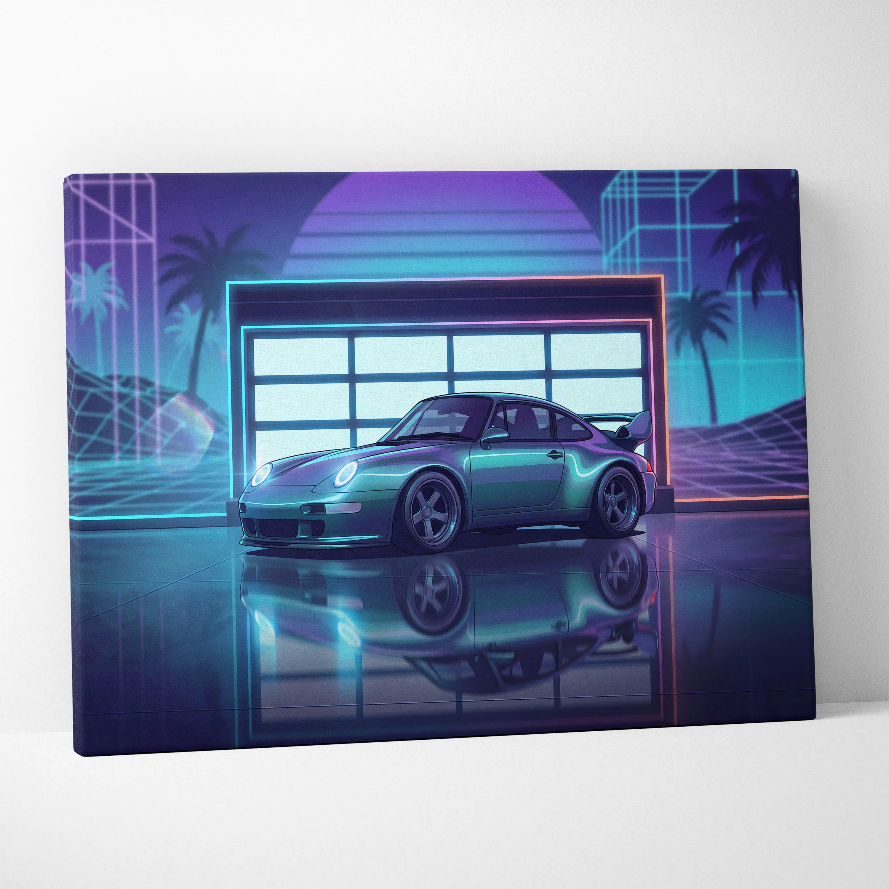 Porsche 911 GT2 Classic Inspired Silver Purple Canvas Wall Art Vaporwave Neon Garage Sports Car Artwork, Retro Palm Sunset Decor
